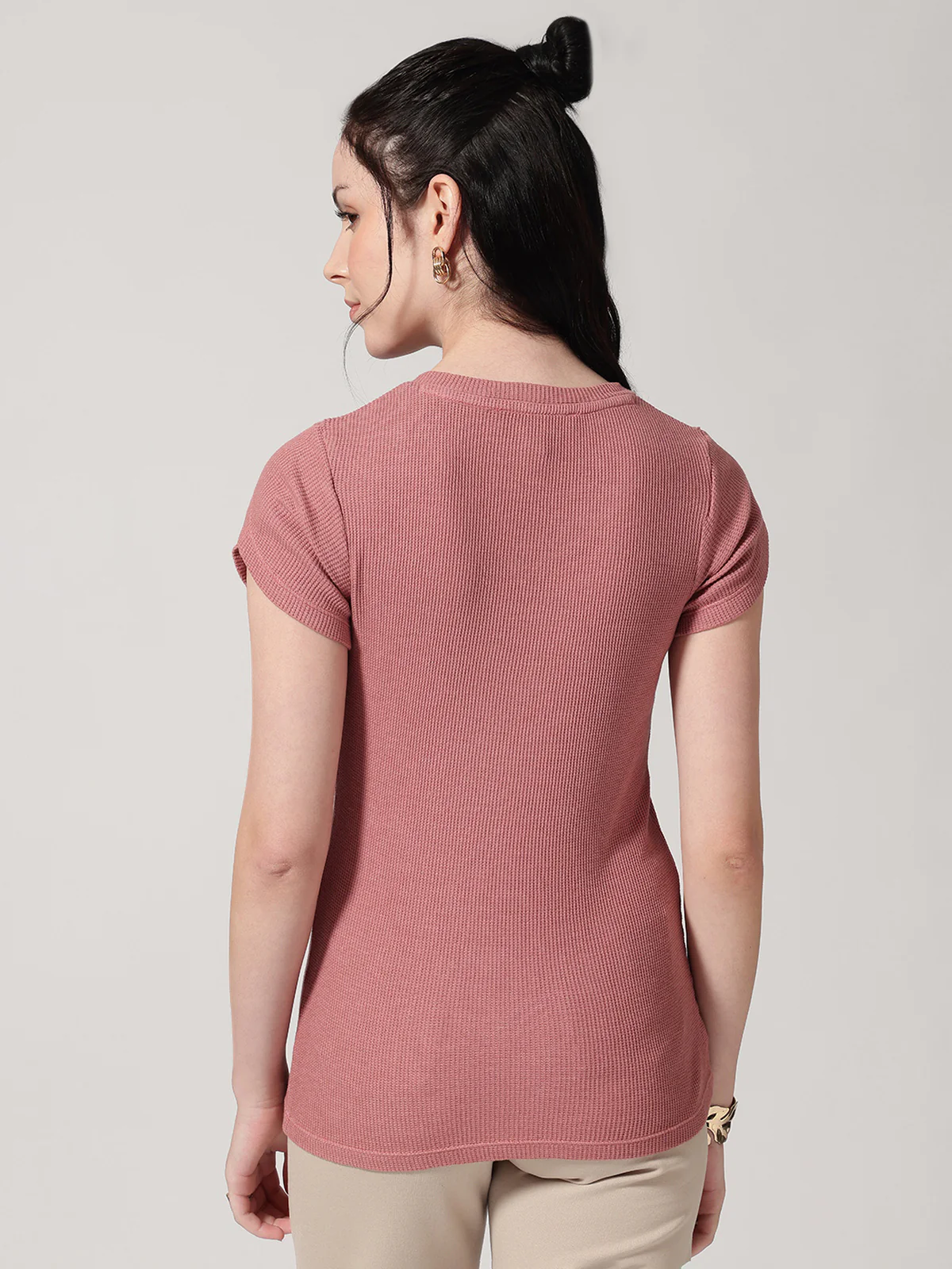 Women V-Neck Petal Sleeves Waffle T-Shirt - Image 2