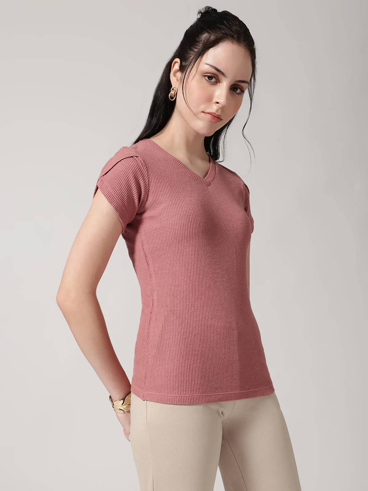 Women V-Neck Petal Sleeves Waffle T-Shirt - Image 3