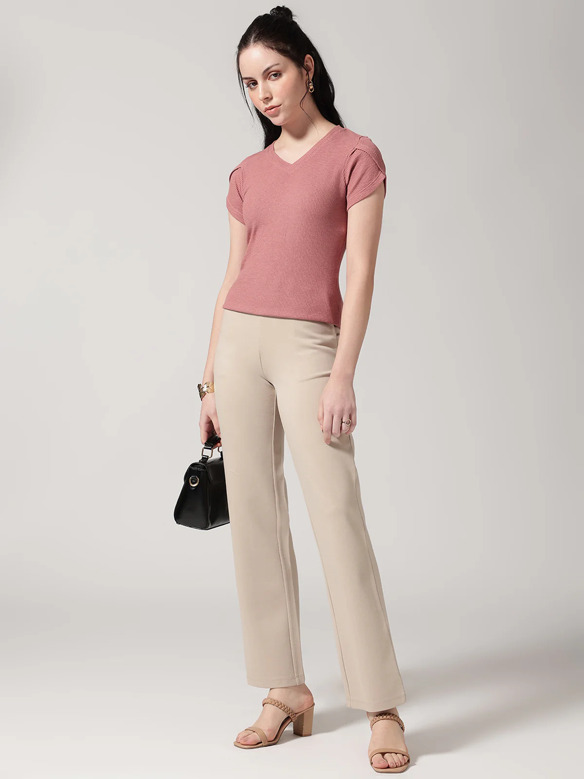 Women V-Neck Petal Sleeves Waffle T-Shirt - Image 4