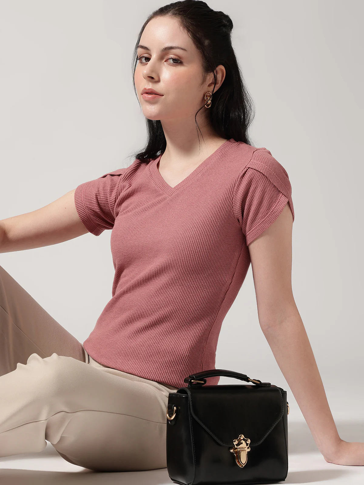 Women V-Neck Petal Sleeves Waffle T-Shirt - Image 5