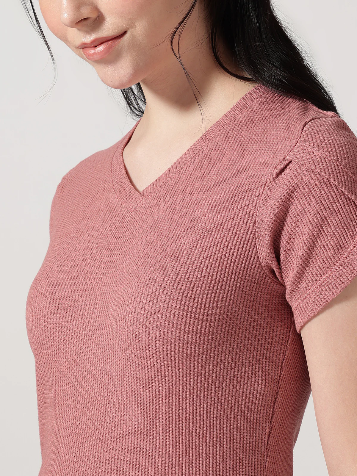 Women V-Neck Petal Sleeves Waffle T-Shirt - Image 6