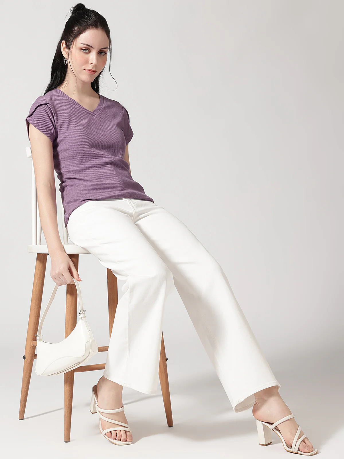 Women V-Neck Petal Sleeves Waffle T-Shirt - Image 2