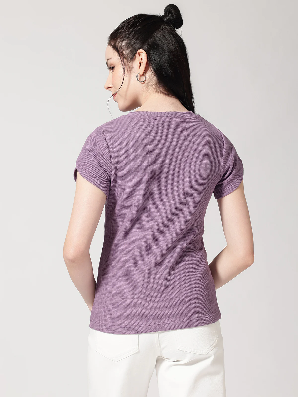 Women V-Neck Petal Sleeves Waffle T-Shirt - Image 3