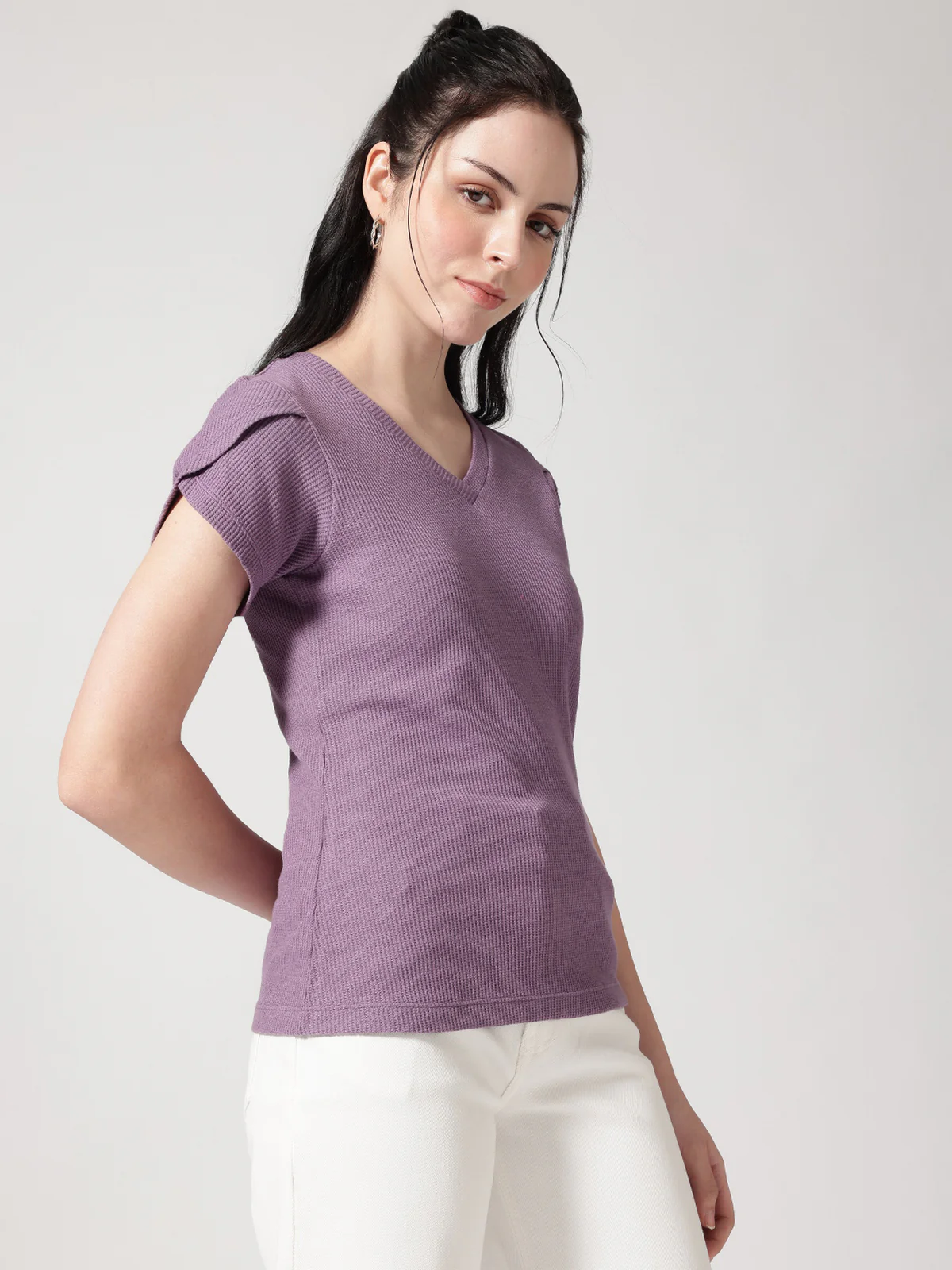Women V-Neck Petal Sleeves Waffle T-Shirt - Image 4