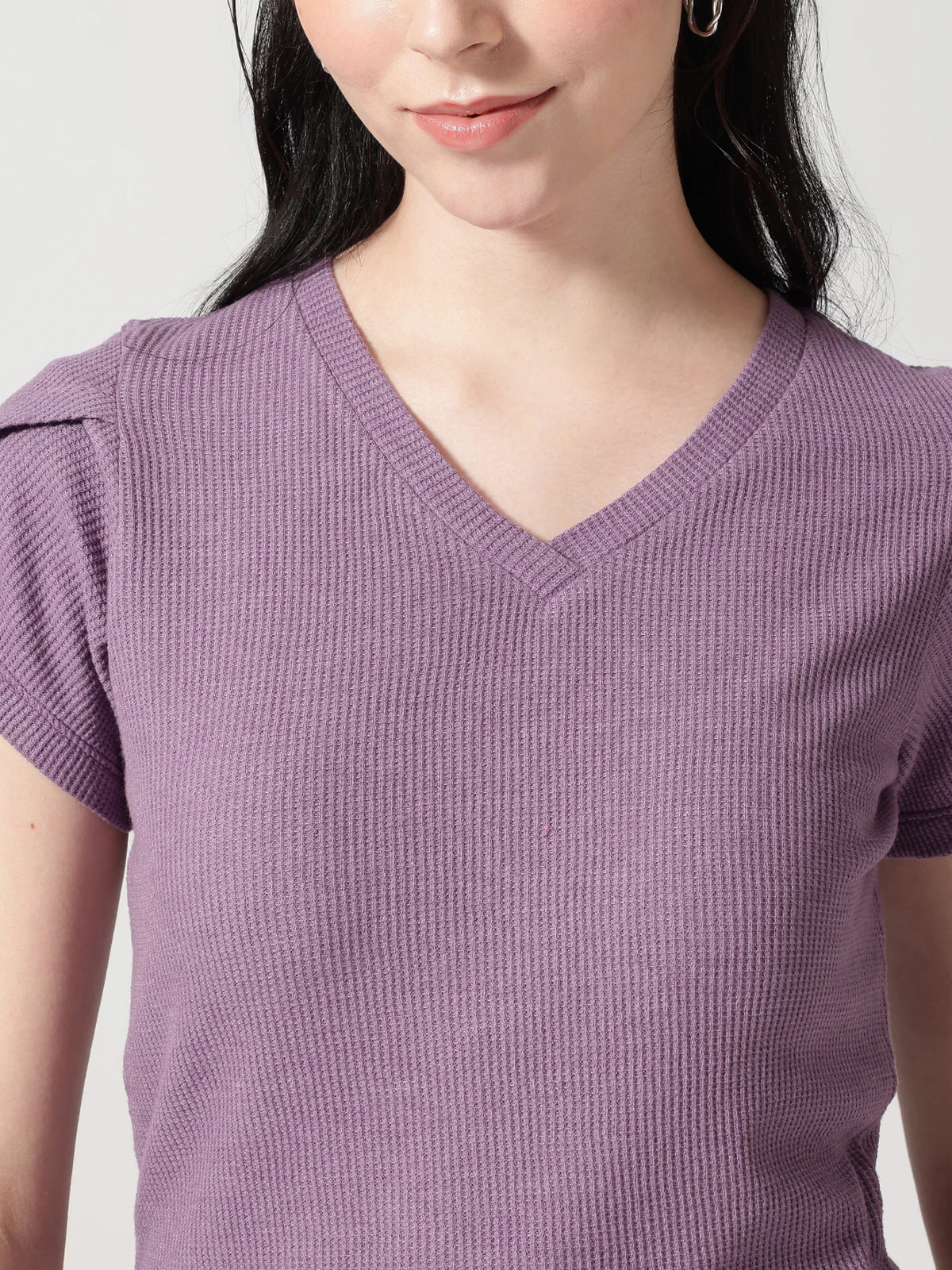 Women V-Neck Petal Sleeves Waffle T-Shirt - Image 6