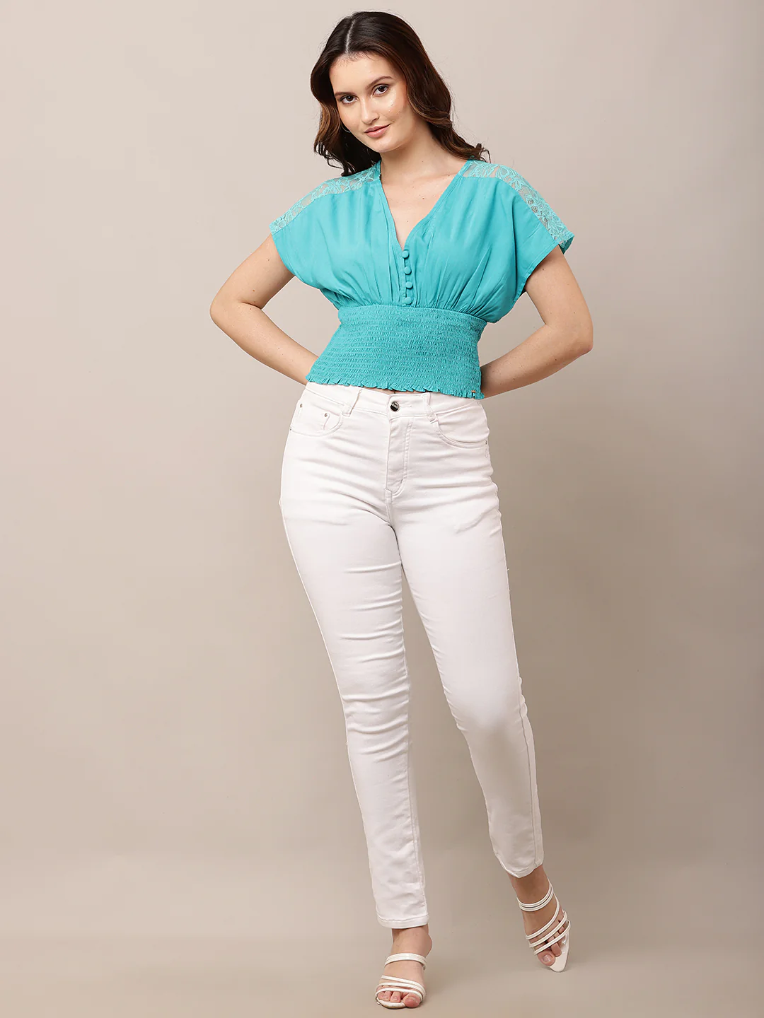 Women V-Neck Short Sleeve Sky Blue Top - Image 3
