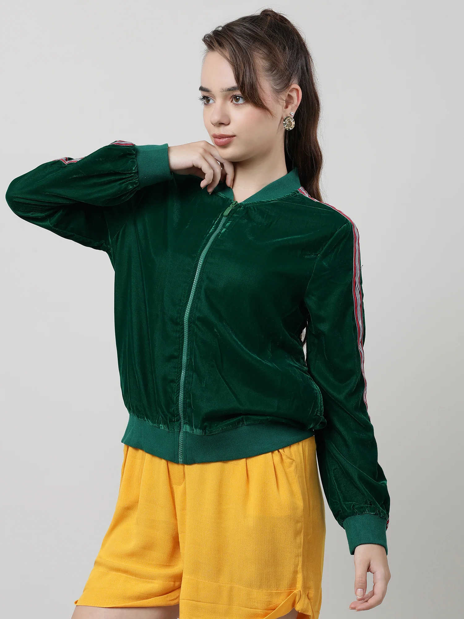 Women Velvet Green Zipped Bomber Jacket - Image 3