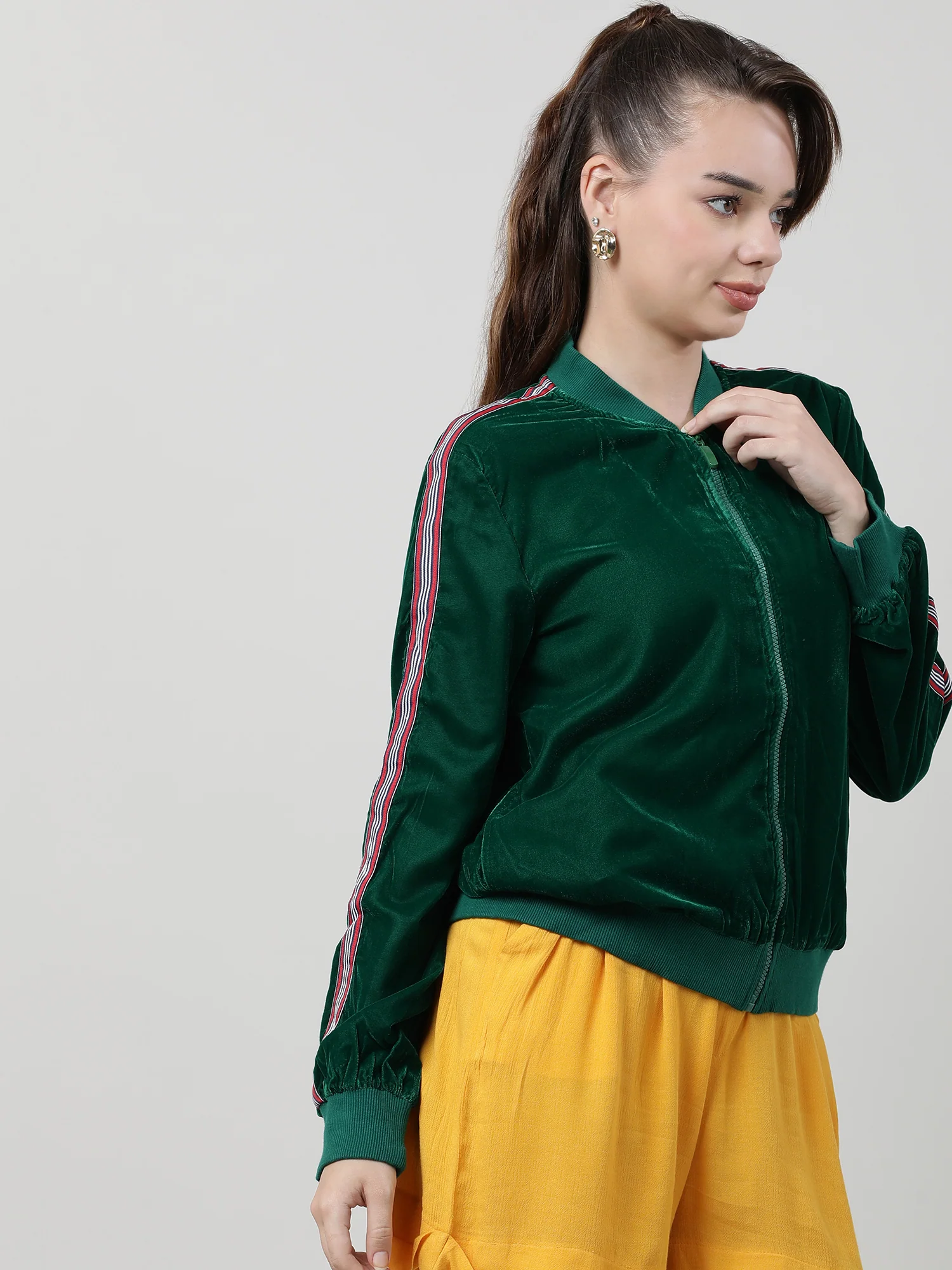 Women Velvet Green Zipped Bomber Jacket - Image 4