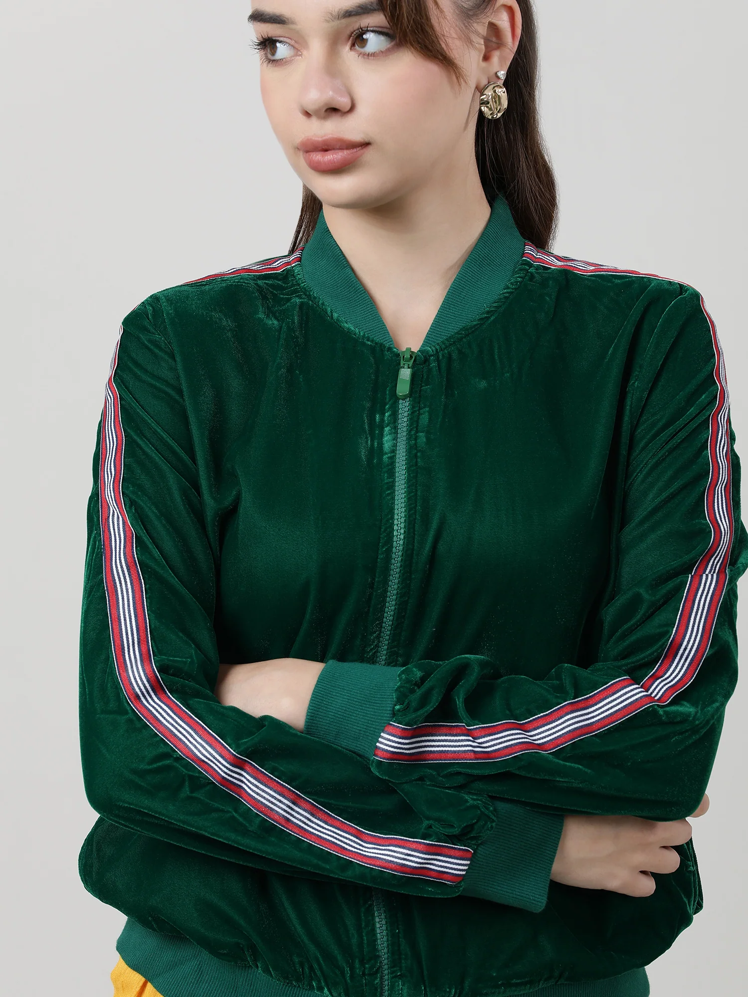 Women Velvet Green Zipped Bomber Jacket - Image 5