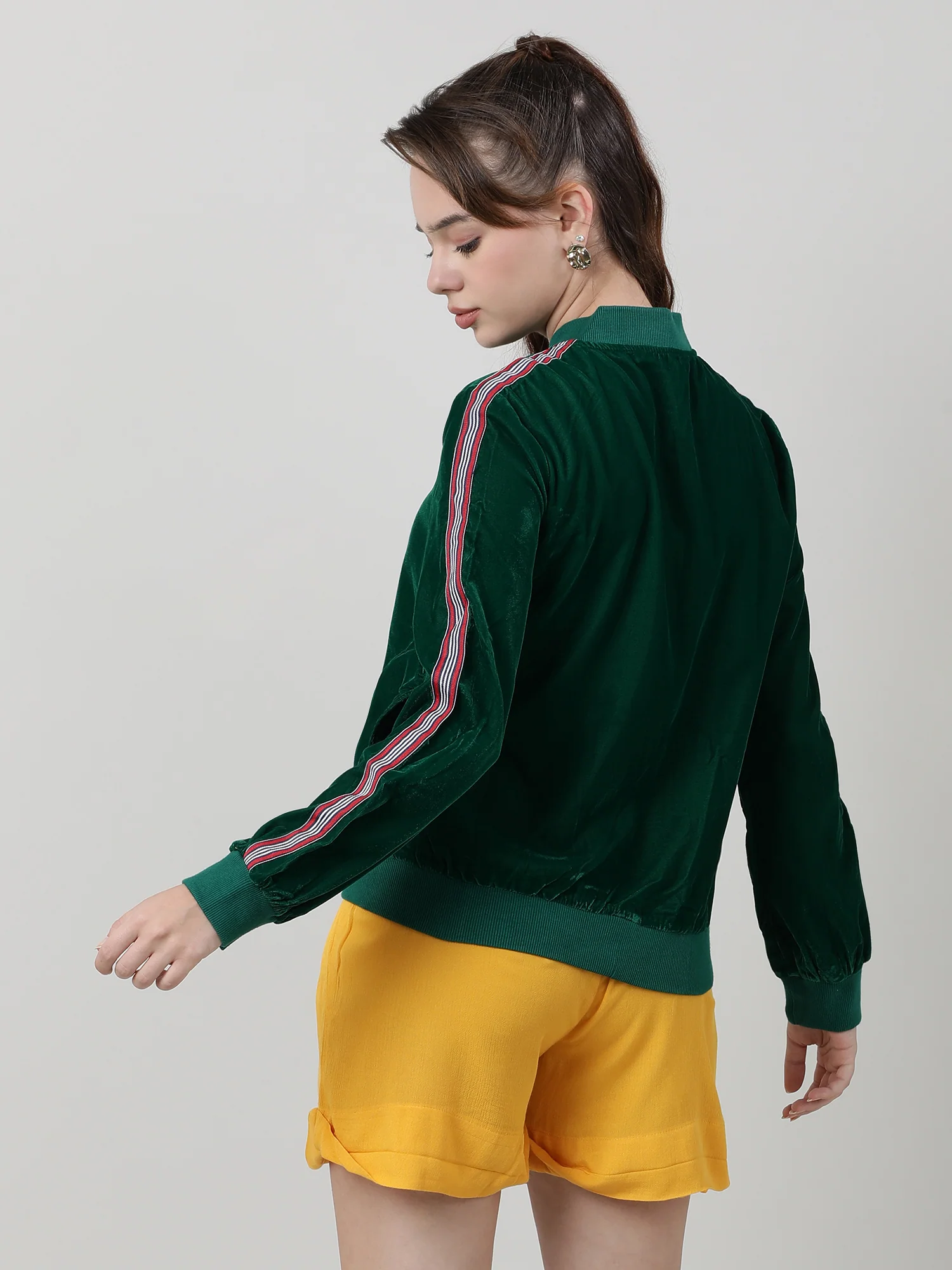 Women Velvet Green Zipped Bomber Jacket - Image 6