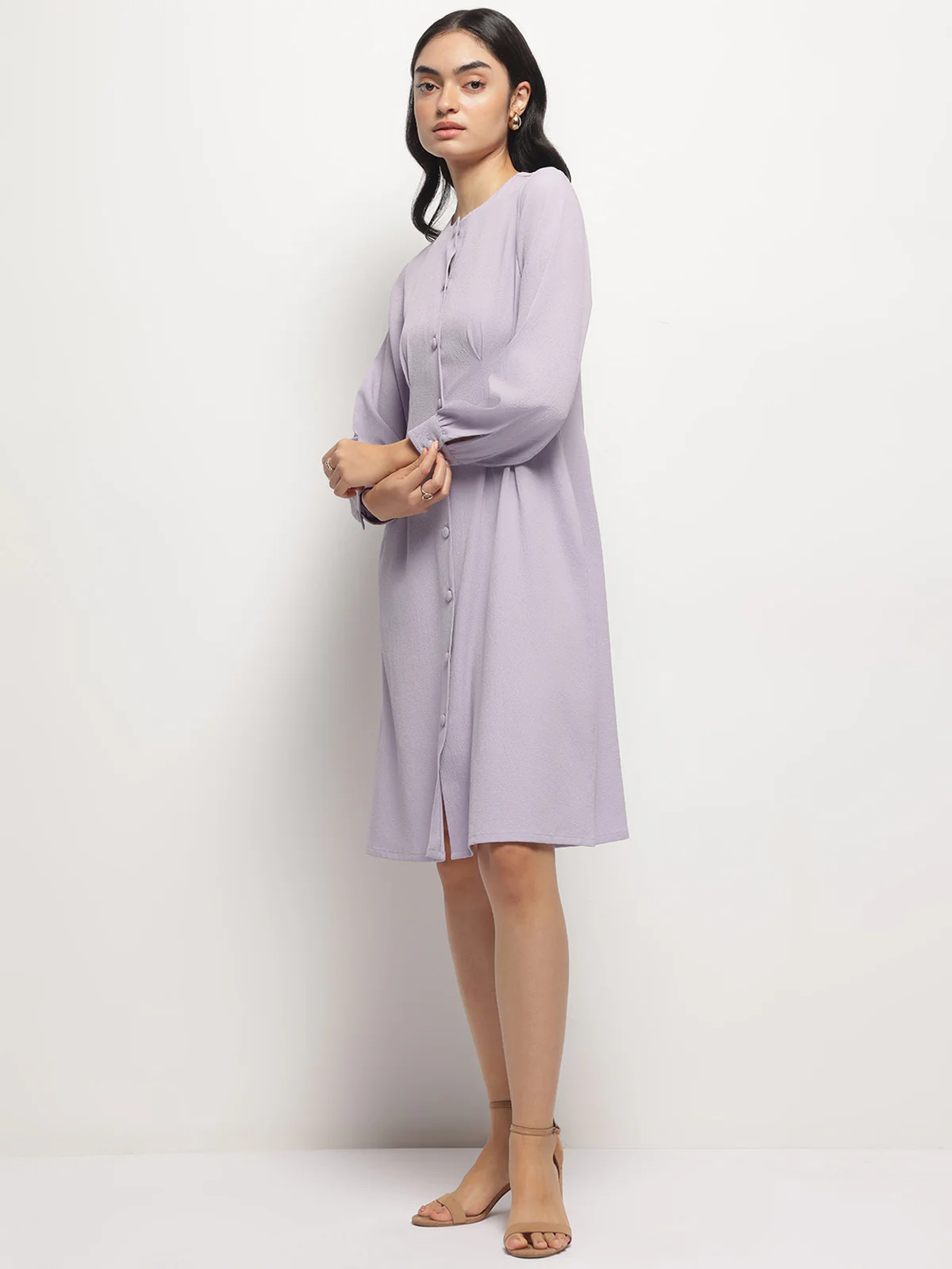 Women Vintage A-line Buttons O-Neck Dress - Image 3