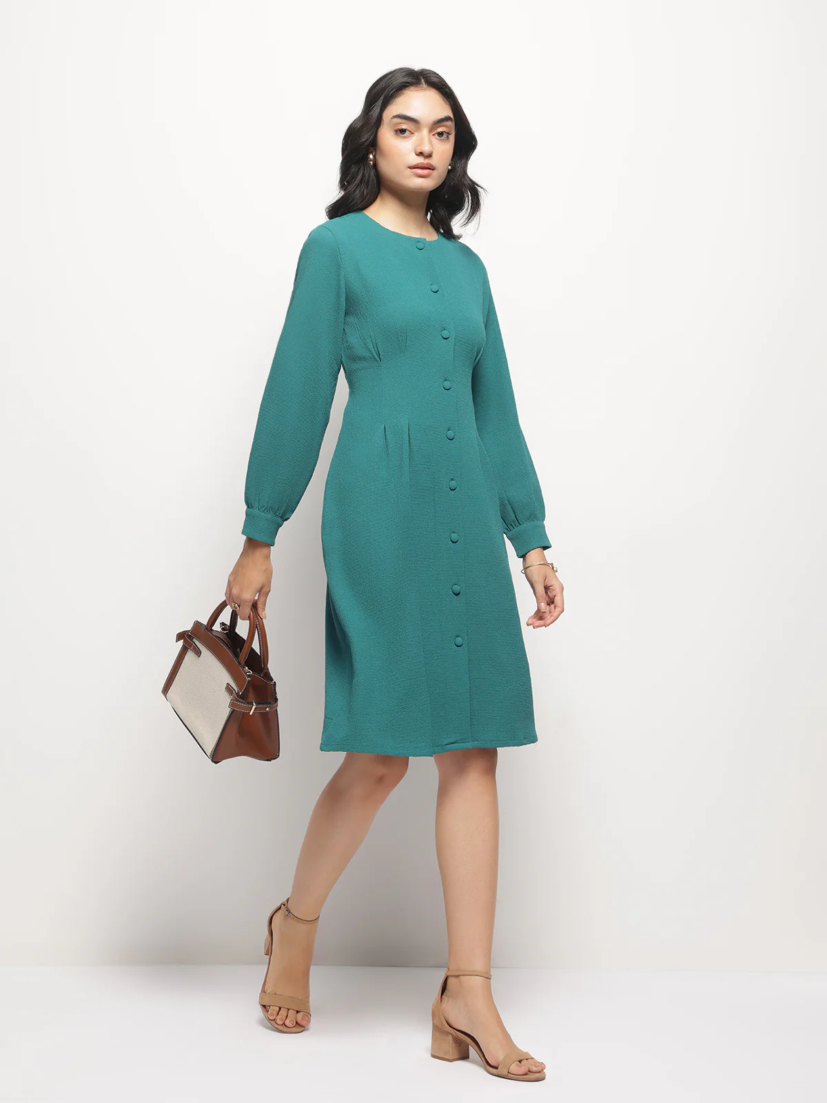 Women Vintage A-line Buttons O-Neck Dress - Image 2