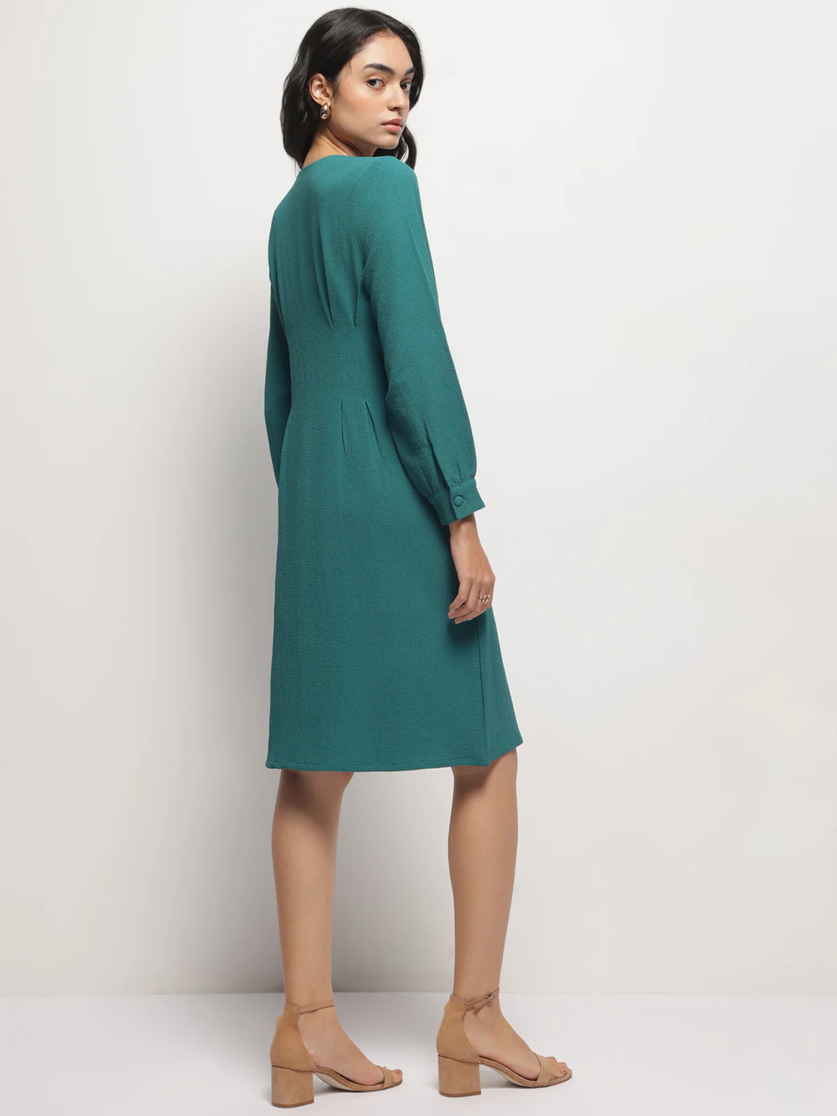 Women Vintage A-line Buttons O-Neck Dress - Image 3