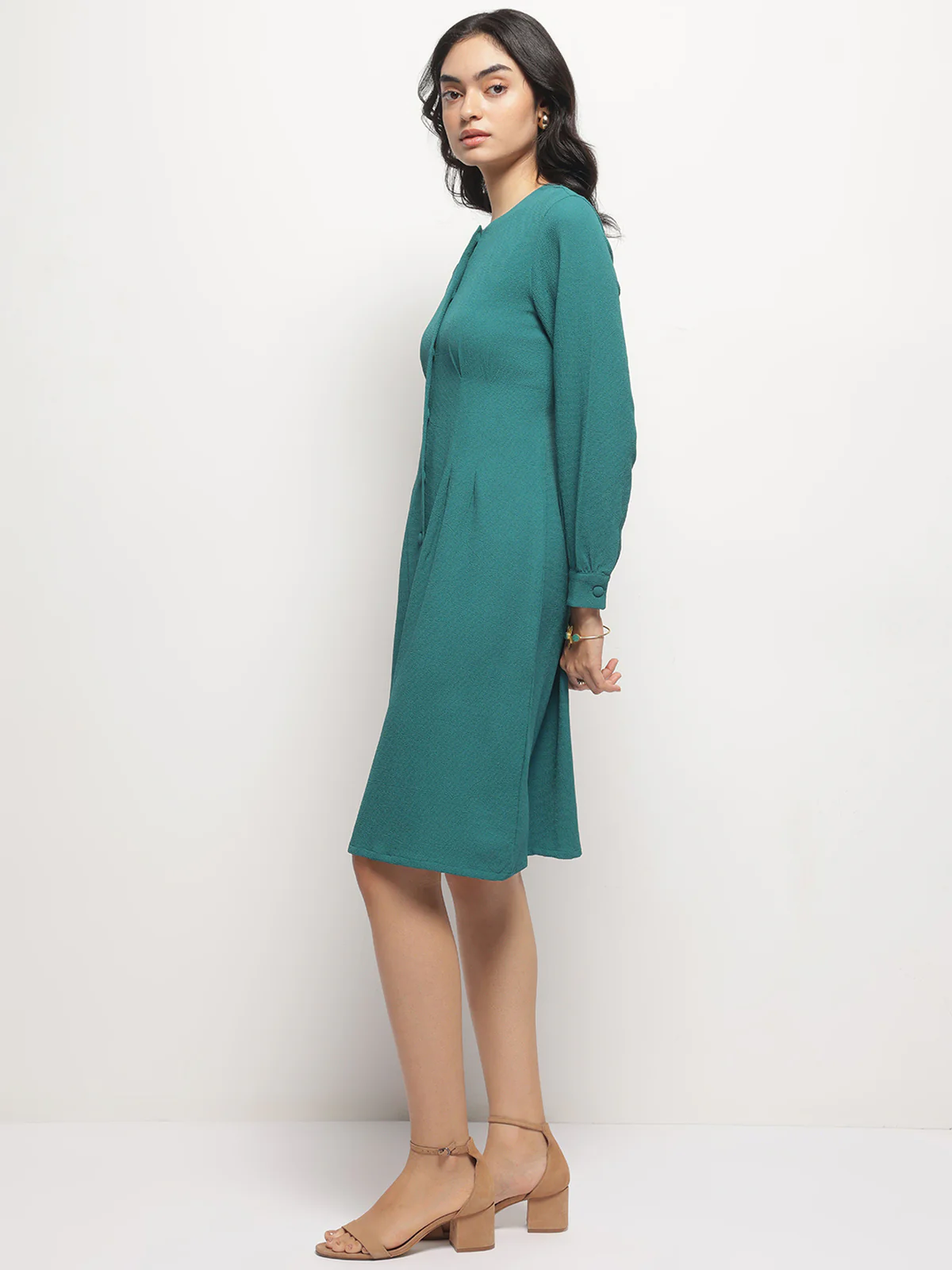 Women Vintage A-line Buttons O-Neck Dress - Image 4