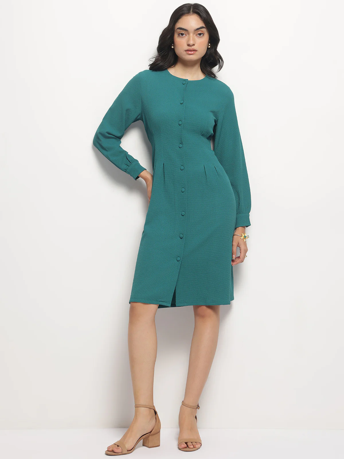 Women Vintage A-line Buttons O-Neck Dress - Image 5