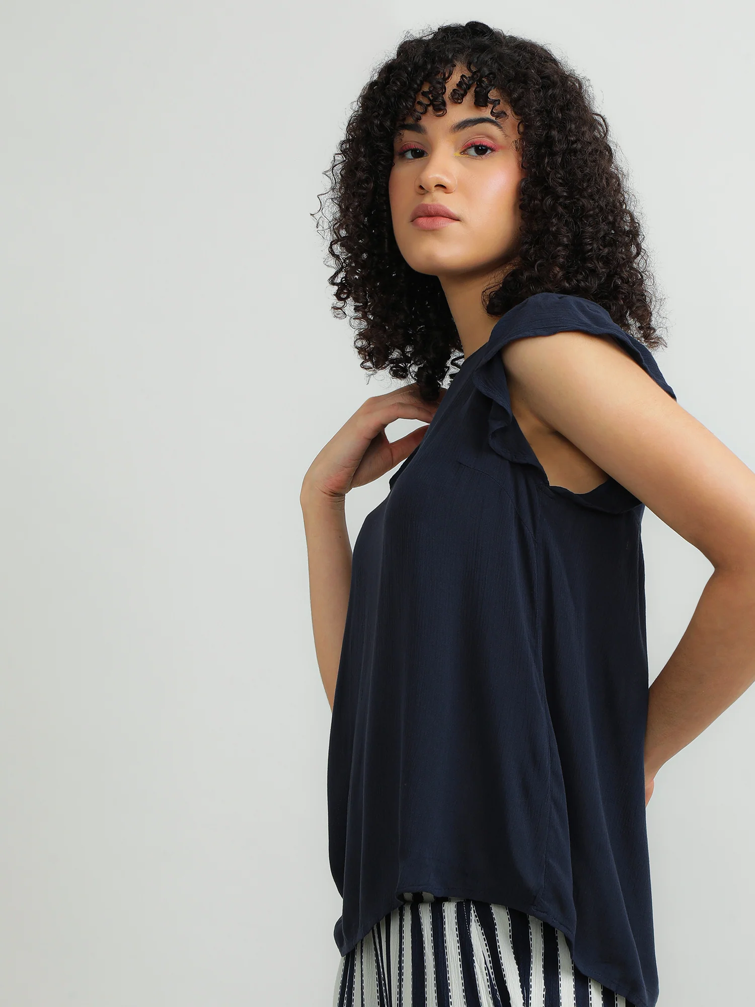 Women Viscose Navy Elegant Top - Image 2
