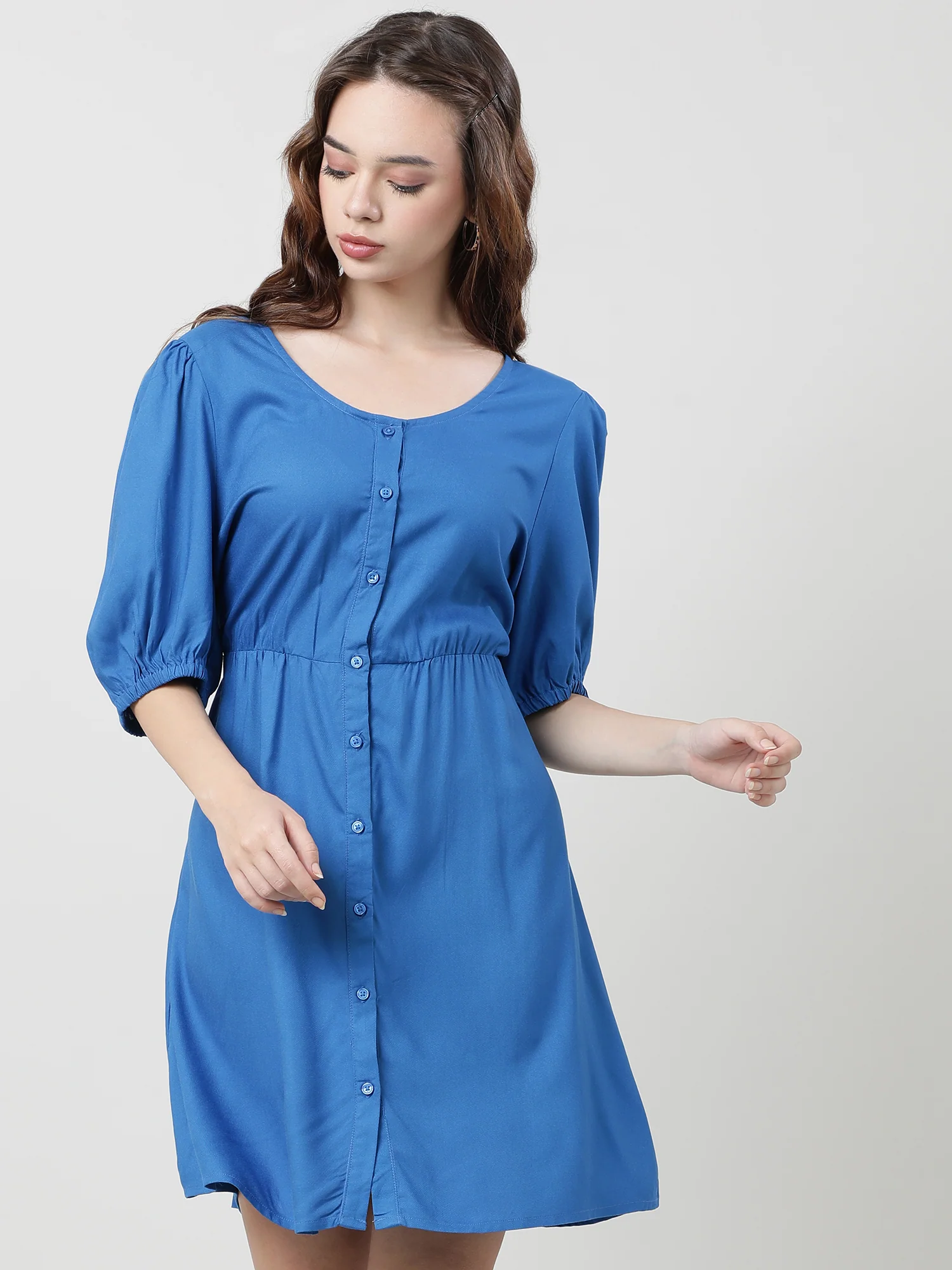 Women Viscose Solid Blue Dress - Image 2