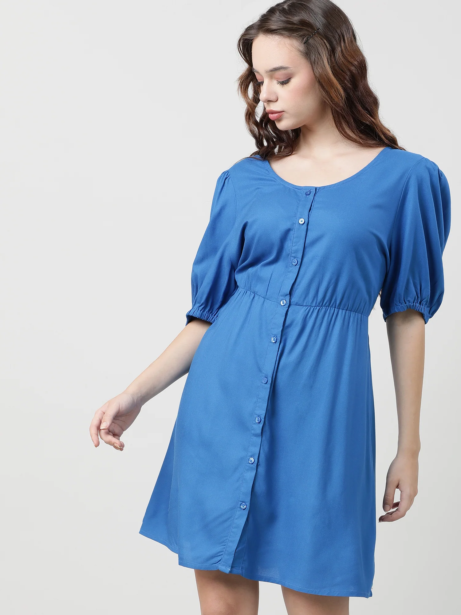Women Viscose Solid Blue Dress - Image 3