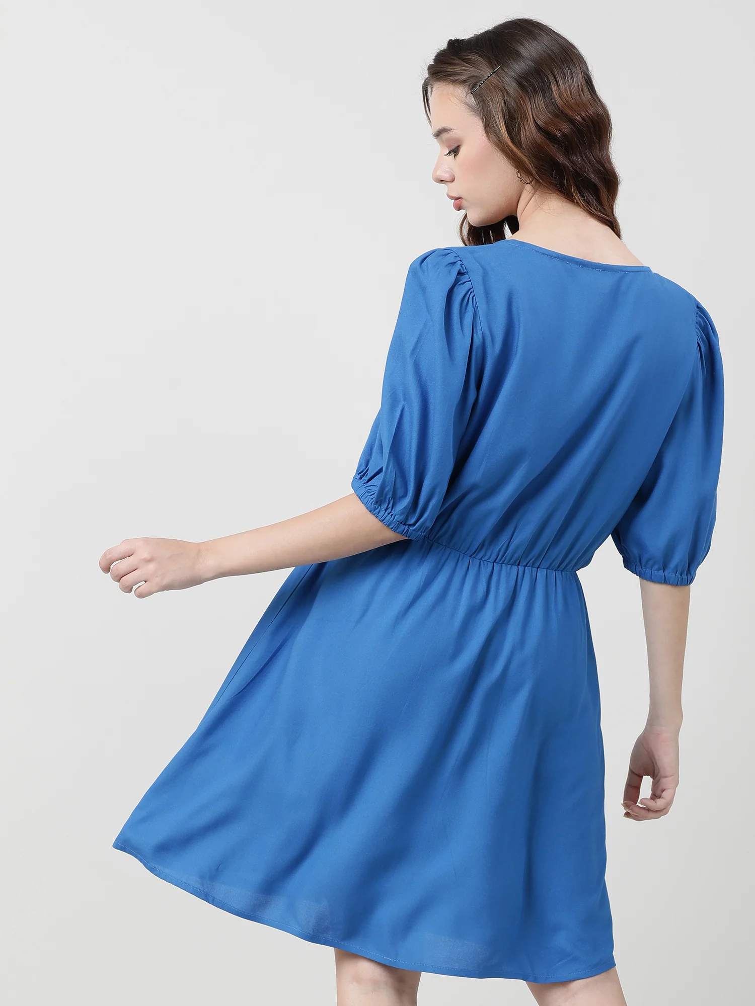 Women Viscose Solid Blue Dress - Image 5