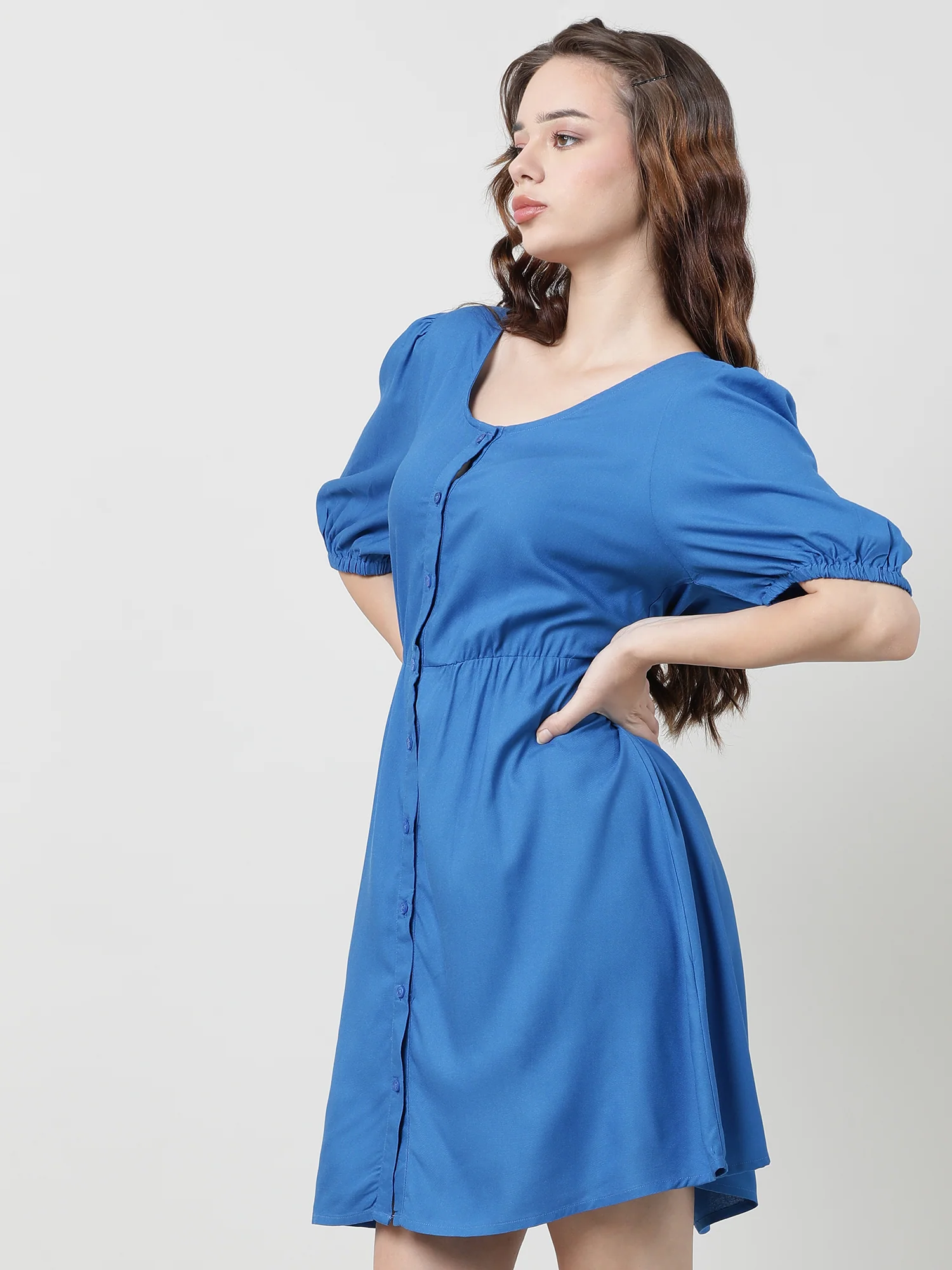 Women Viscose Solid Blue Dress - Image 6