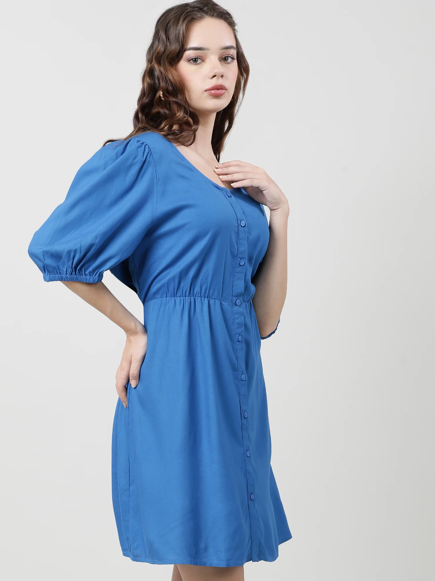 Women Viscose Solid Blue Dress - Image 7