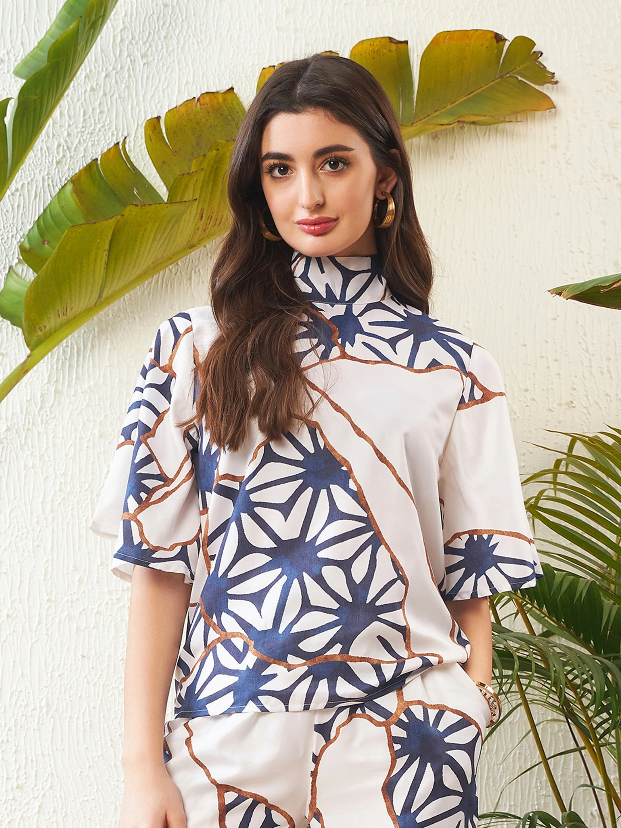 Women White Abstract Printed Top With Palazzo Pants - Image 2