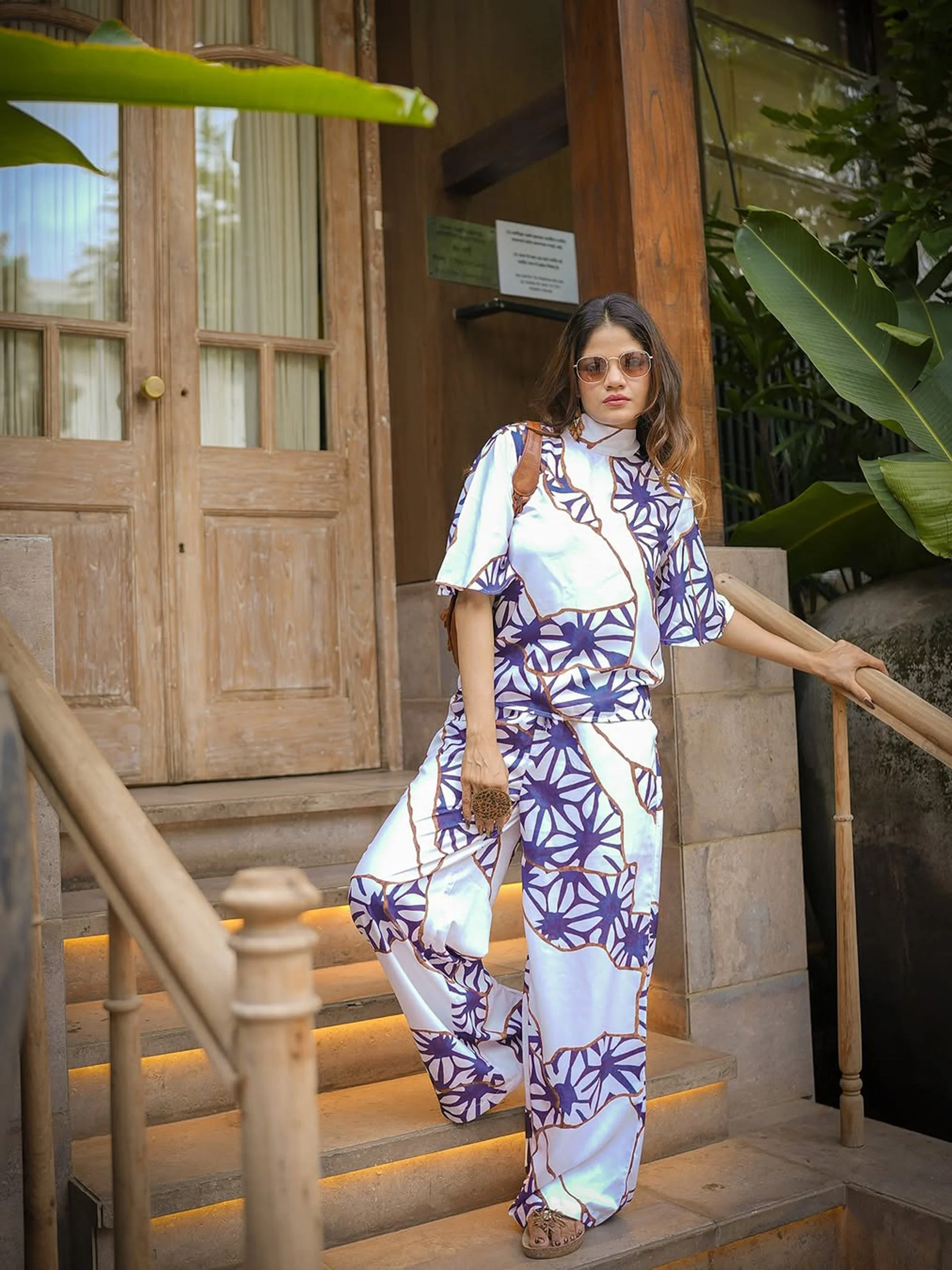 Women White Abstract Printed Top With Palazzo Pants - Image 5