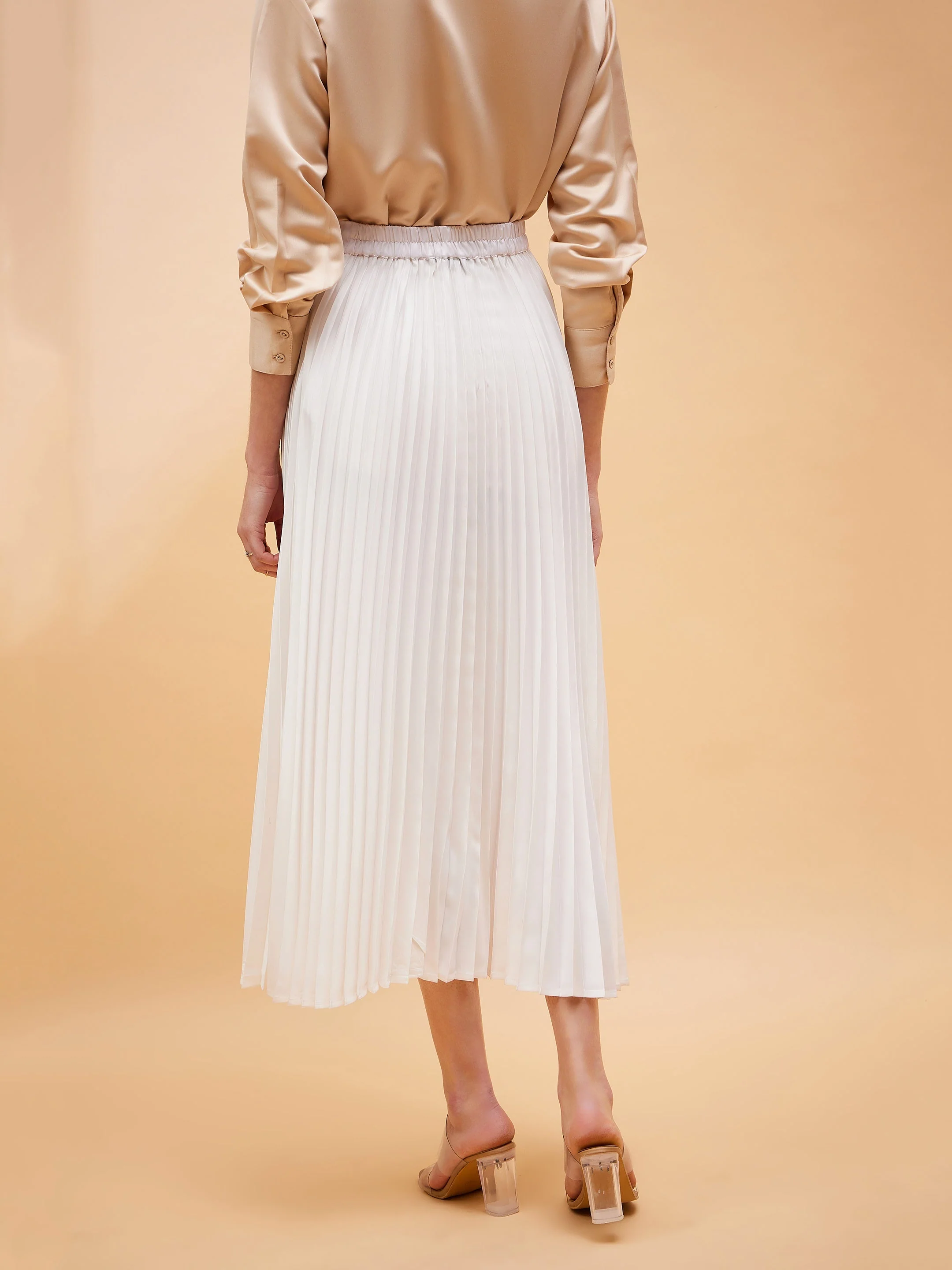 Women White Accordion Pleated Belted Midi Skirt - Image 2