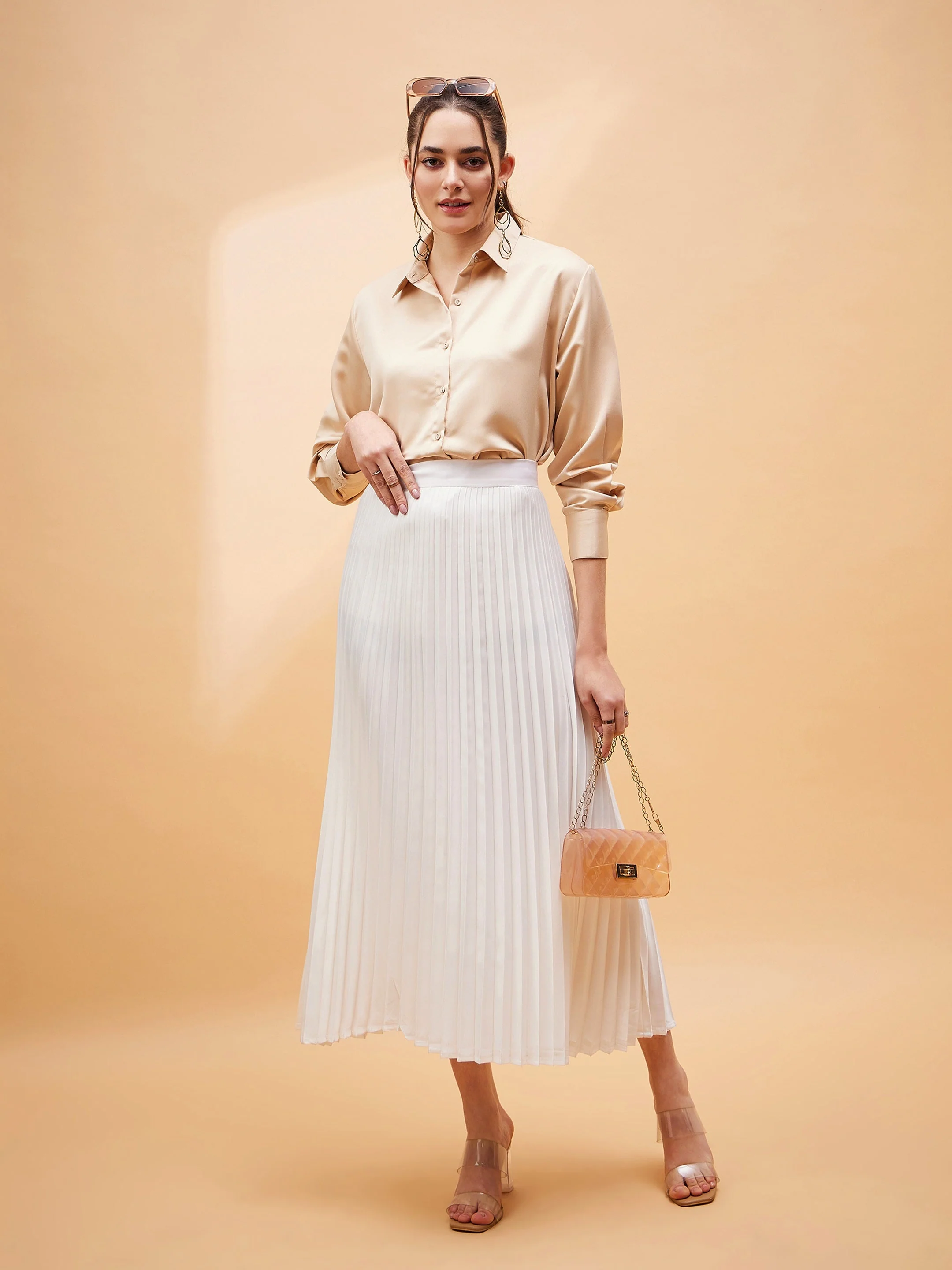 Women White Accordion Pleated Belted Midi Skirt - Image 6