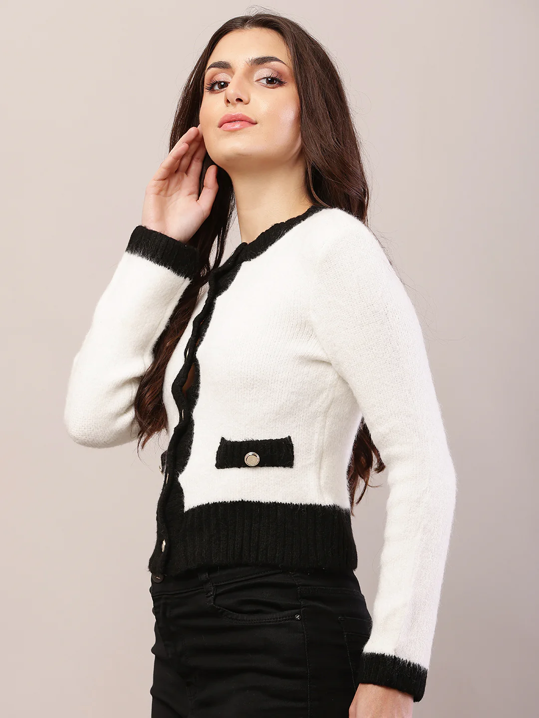 Women white acrylic full sleeve round neck cardigan - Image 3