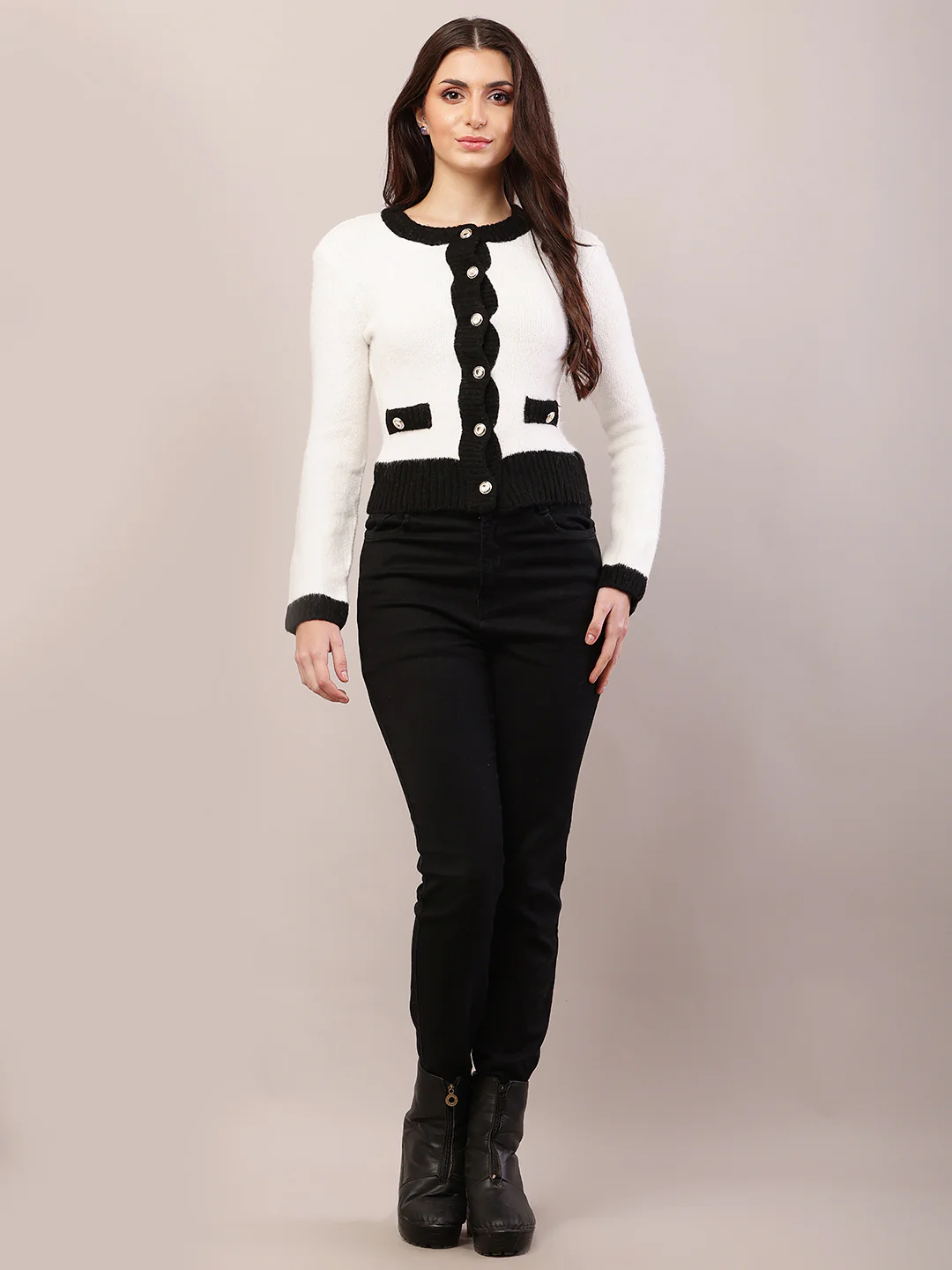 Women white acrylic full sleeve round neck cardigan - Image 4