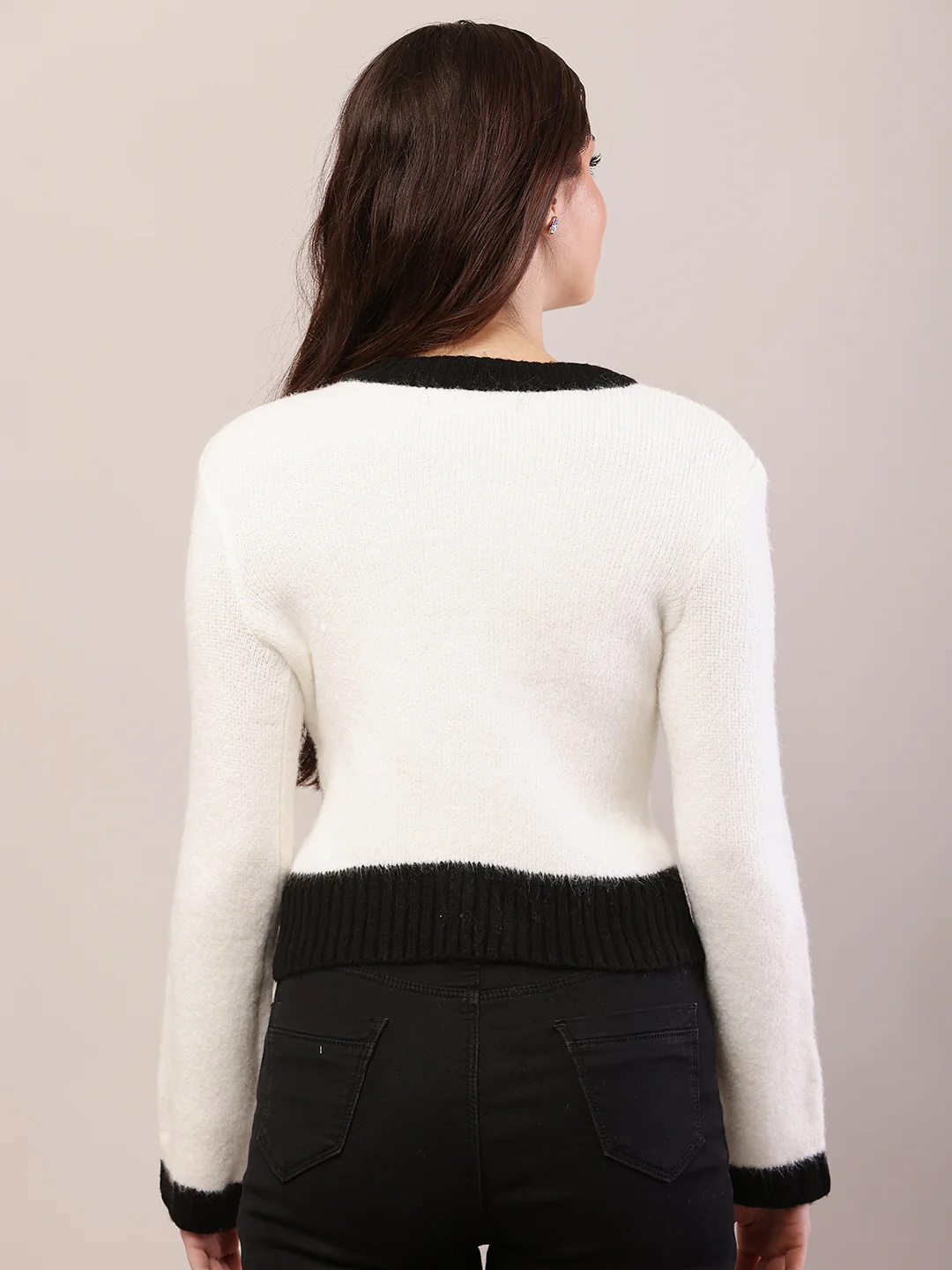 Women white acrylic full sleeve round neck cardigan - Image 5