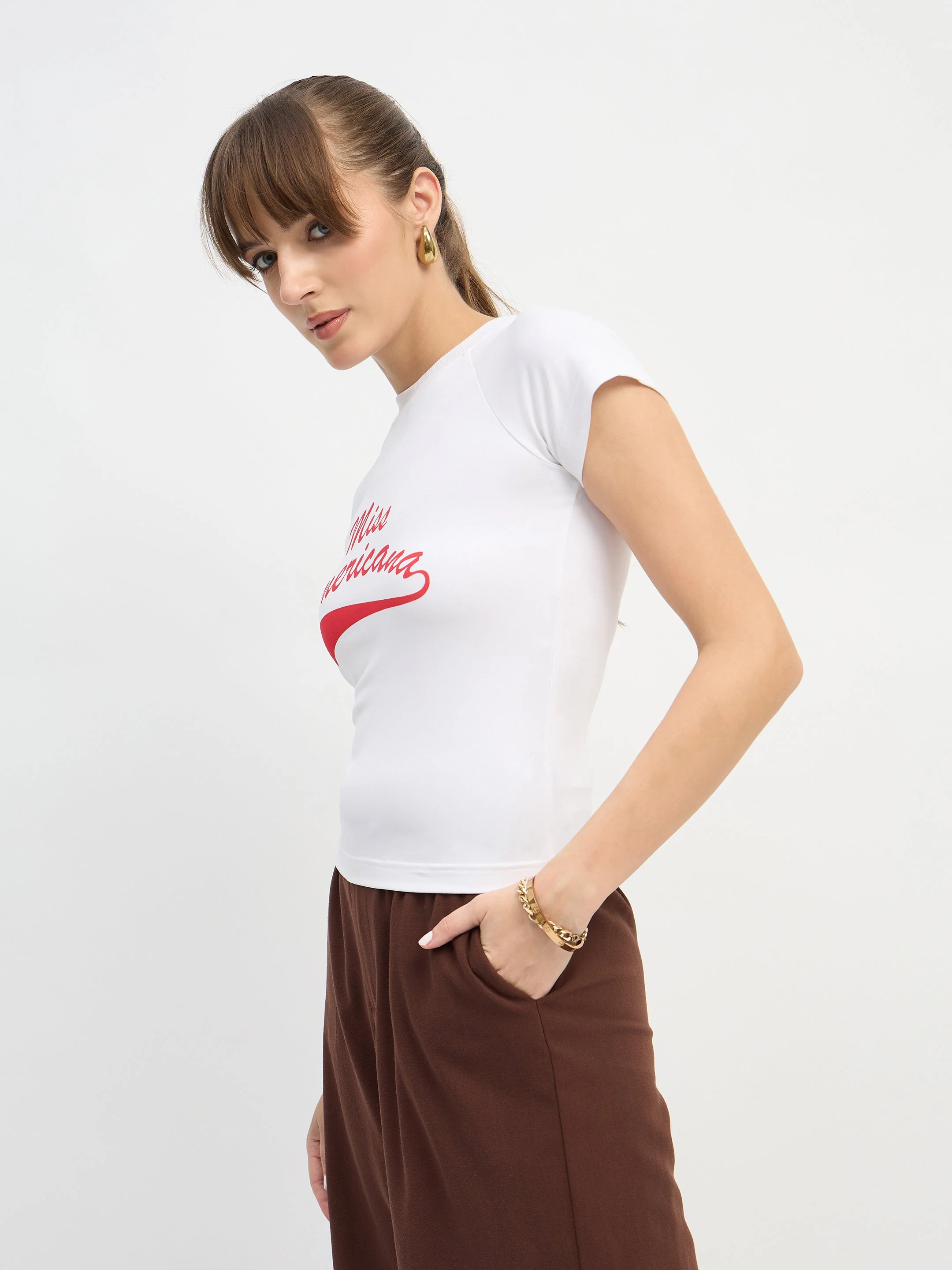 Women White AMERICANA Print Lycra T-Shirt - Image 3
