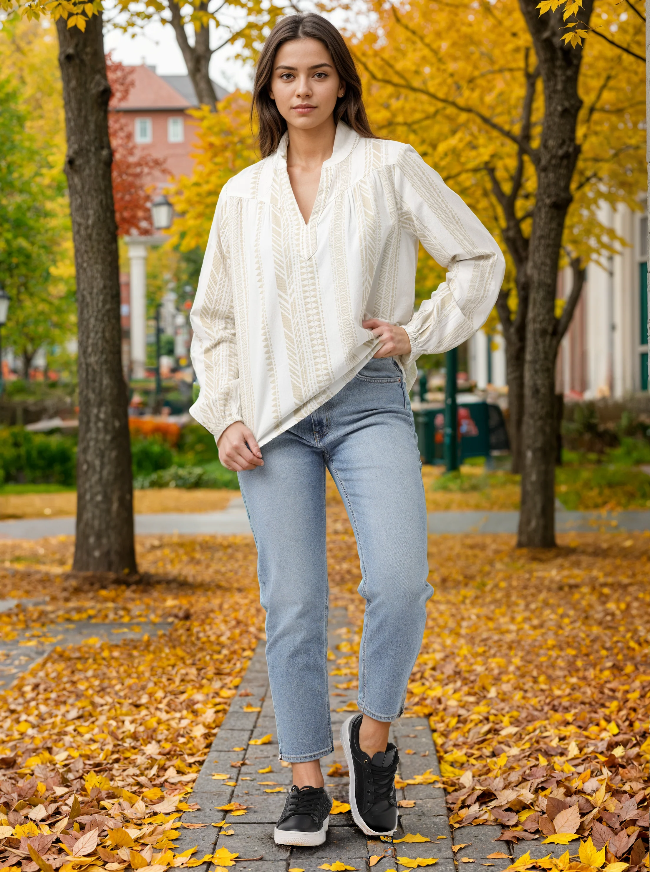 Women White & Beige Mandarin collar Top - Image 3