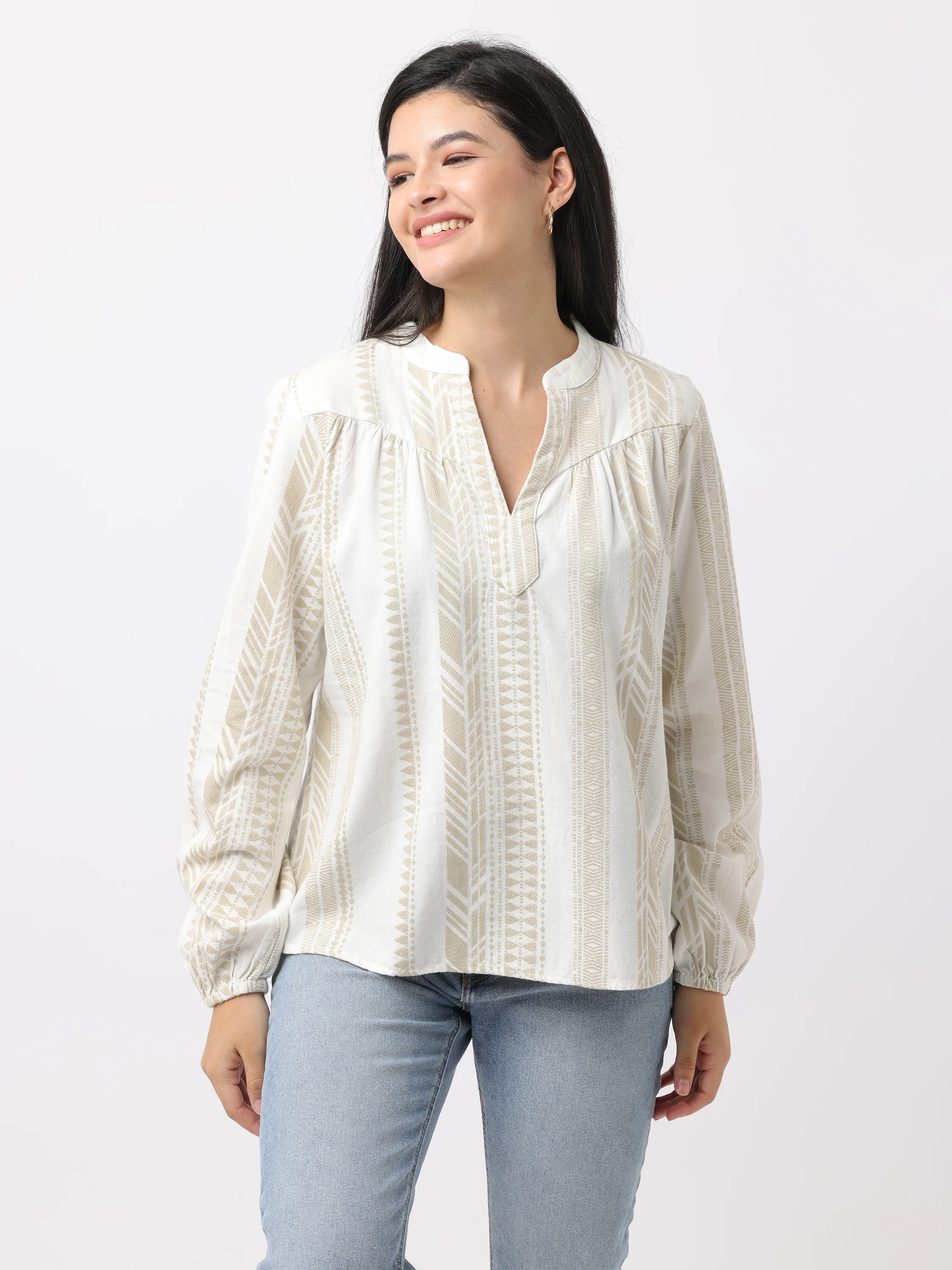 Women White & Beige Mandarin collar Top - Image 4