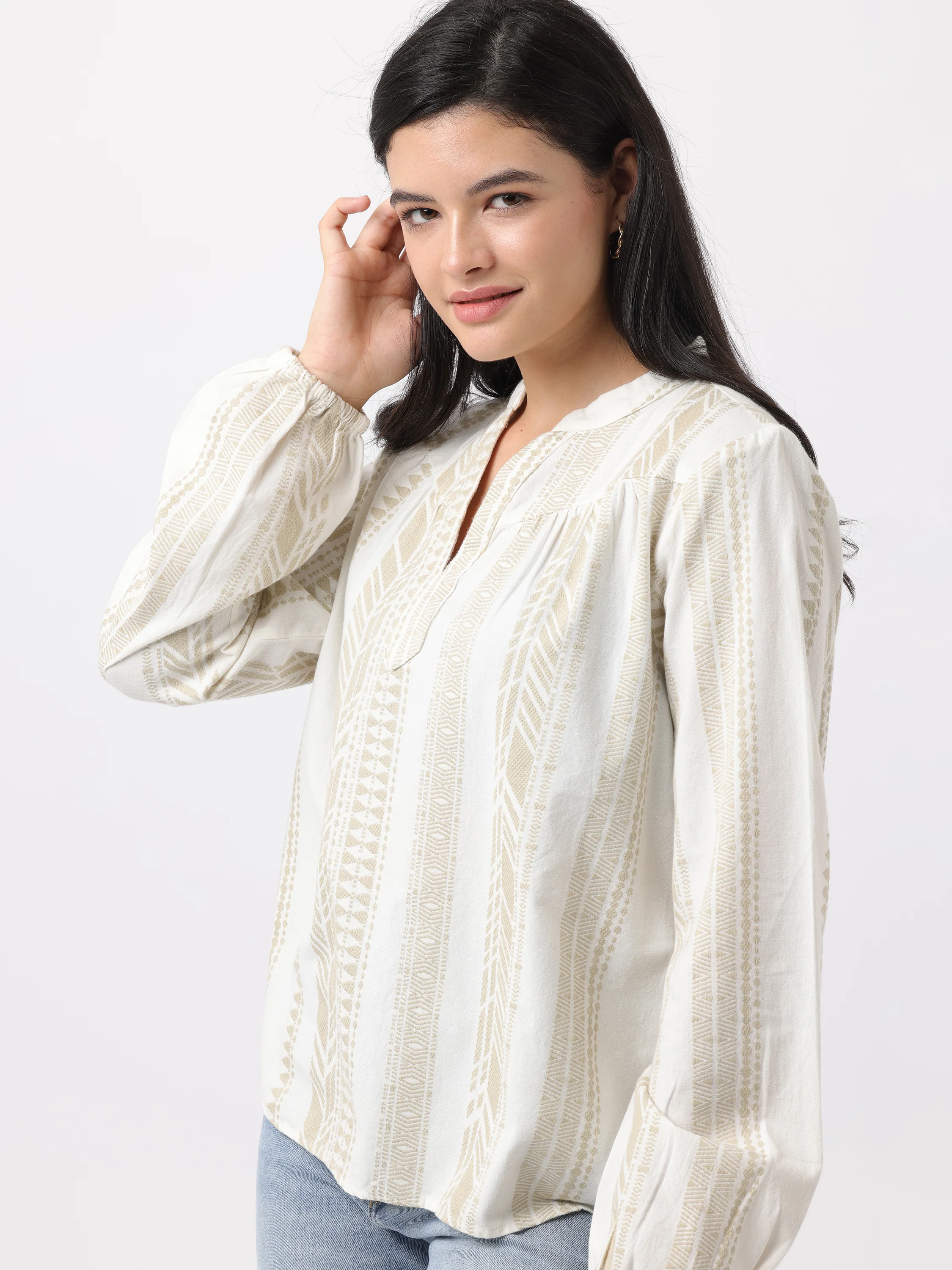 Women White & Beige Mandarin collar Top - Image 5