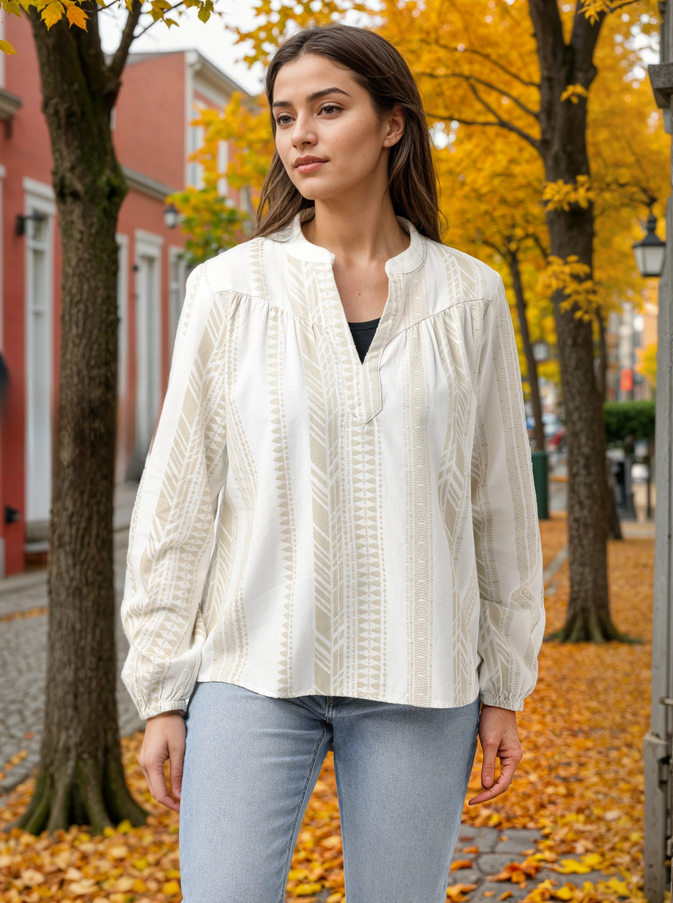 Women White & Beige Mandarin collar Top - Image 6