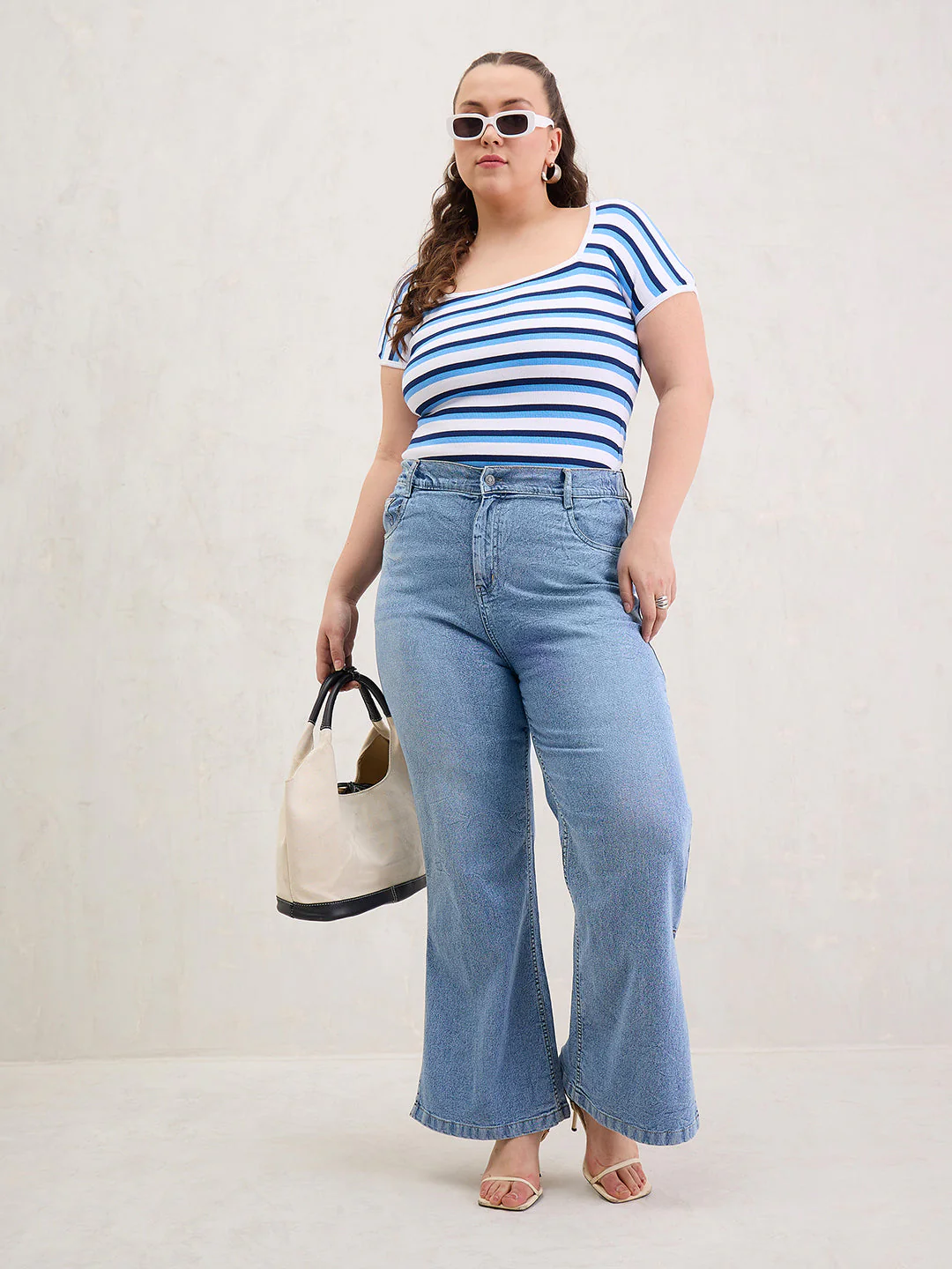 Women White & Blue Rib Stripe Square Neck Top - Image 2