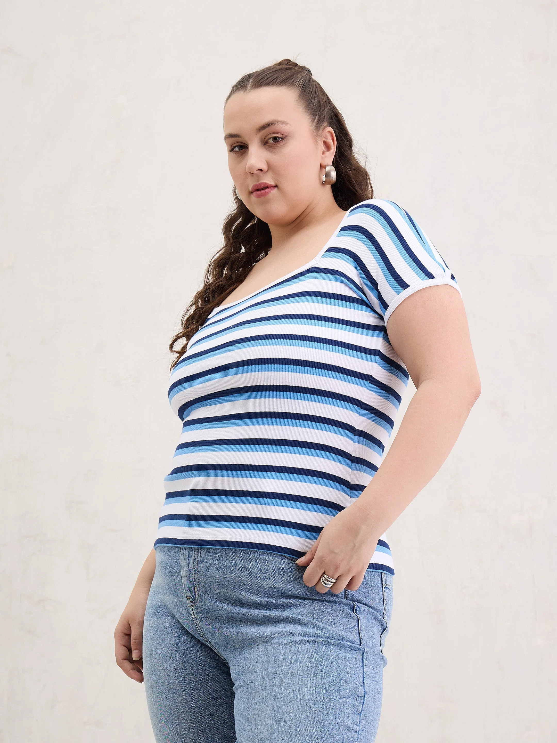 Women White & Blue Rib Stripe Square Neck Top - Image 3