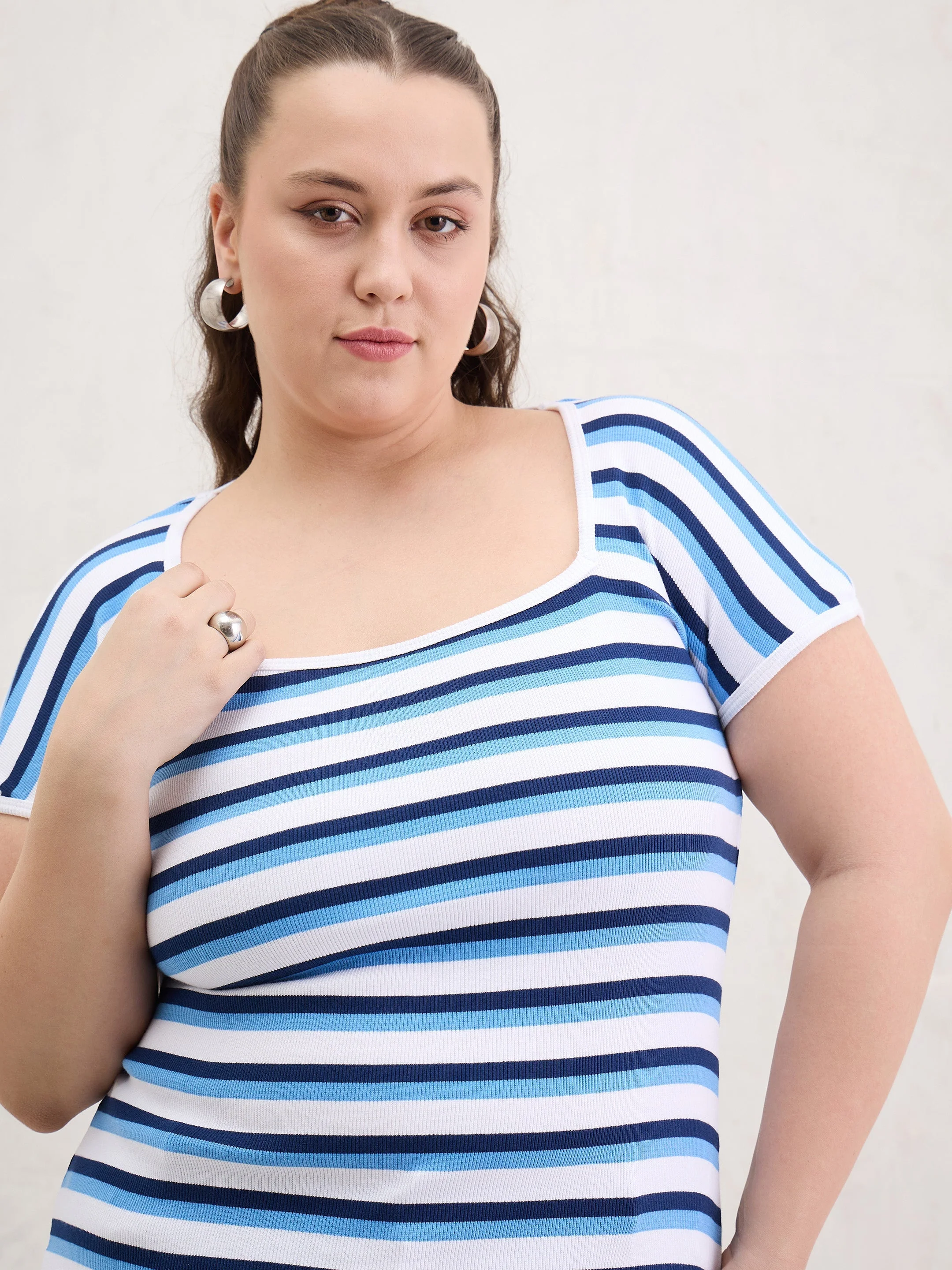 Women White & Blue Rib Stripe Square Neck Top - Image 4