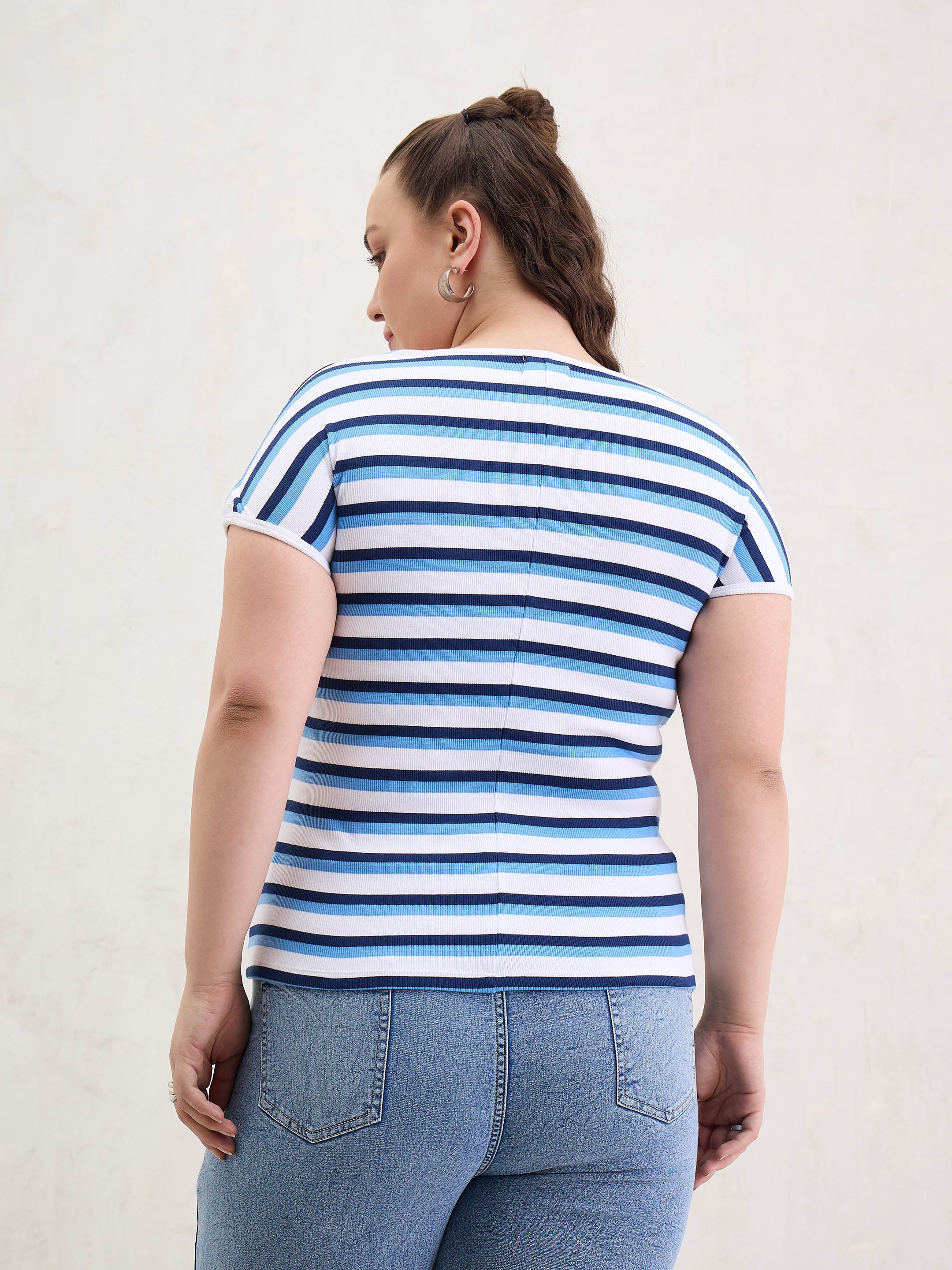 Women White & Blue Rib Stripe Square Neck Top - Image 5