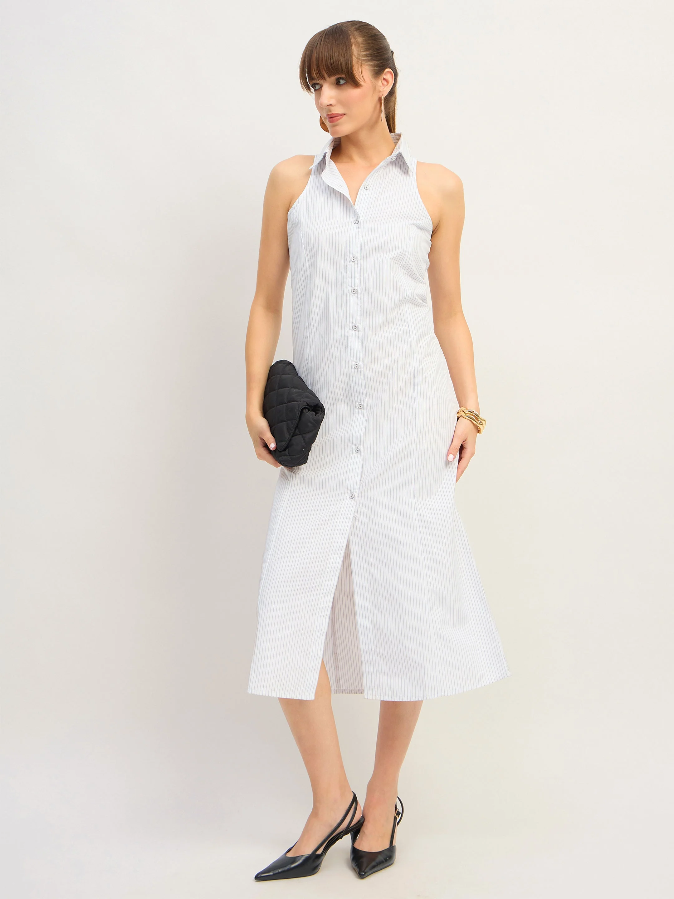 Women White & Blue Stripes Sleeveless Midi Dress - Image 2