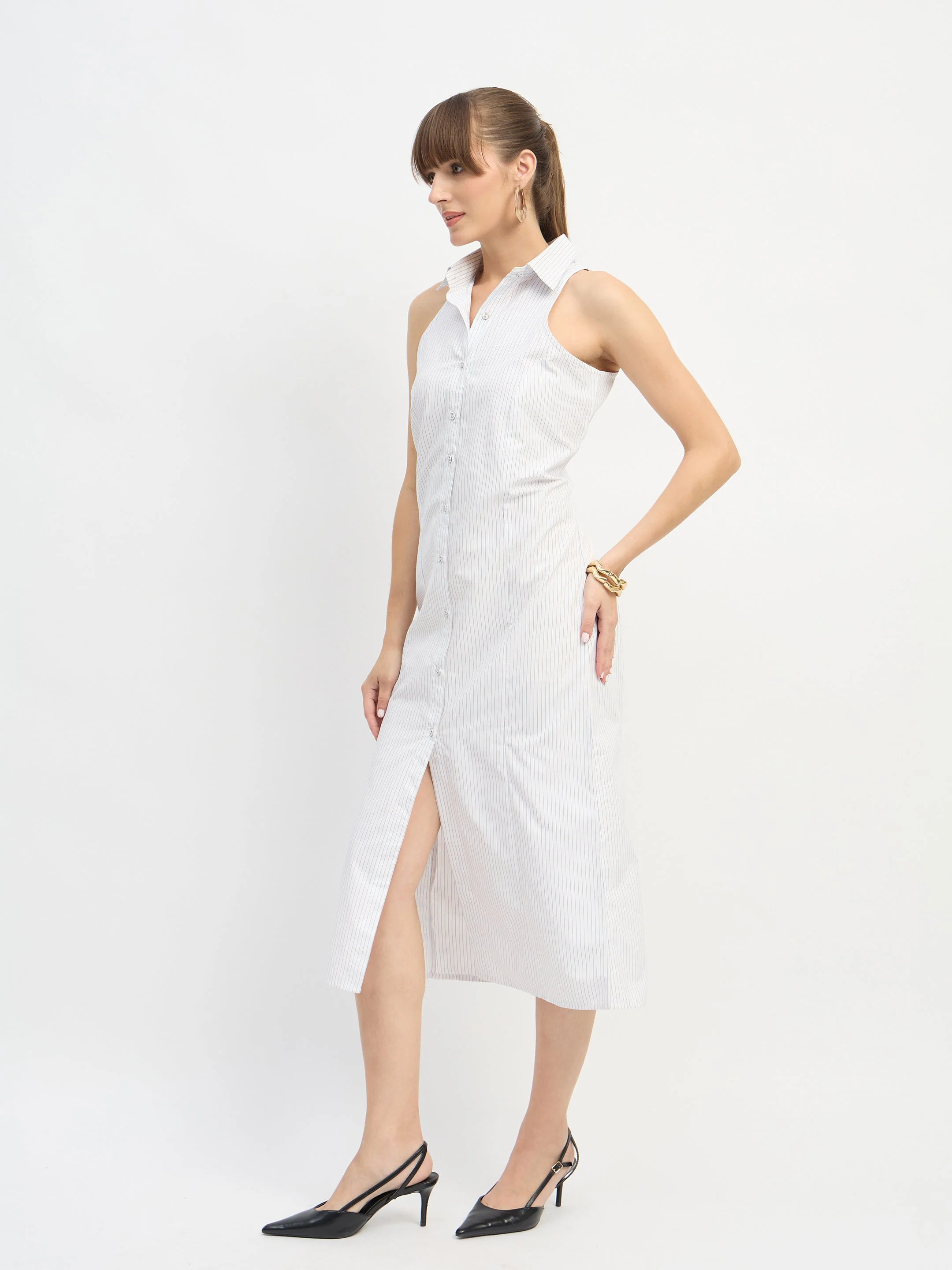 Women White & Blue Stripes Sleeveless Midi Dress - Image 3