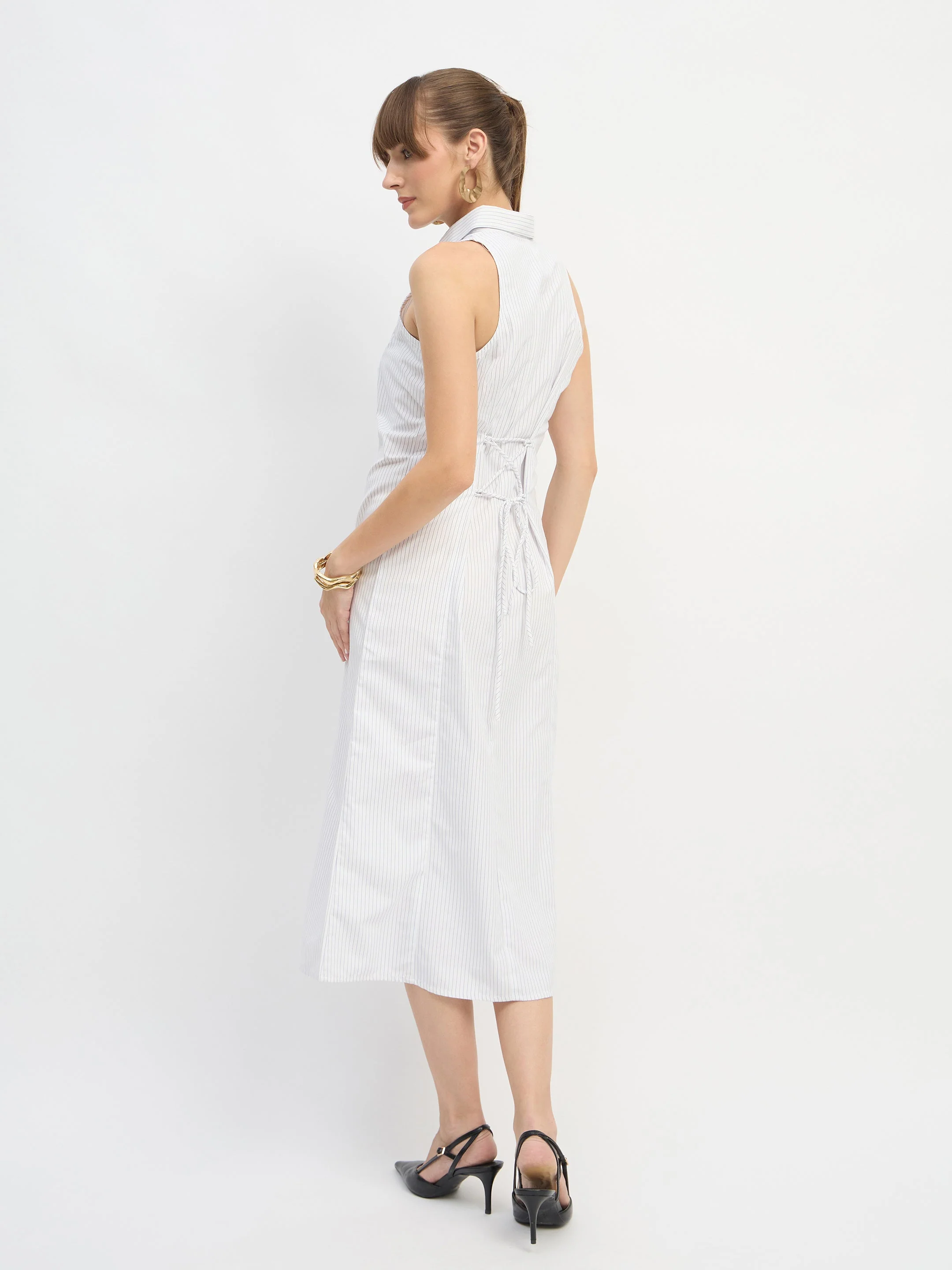 Women White & Blue Stripes Sleeveless Midi Dress - Image 5