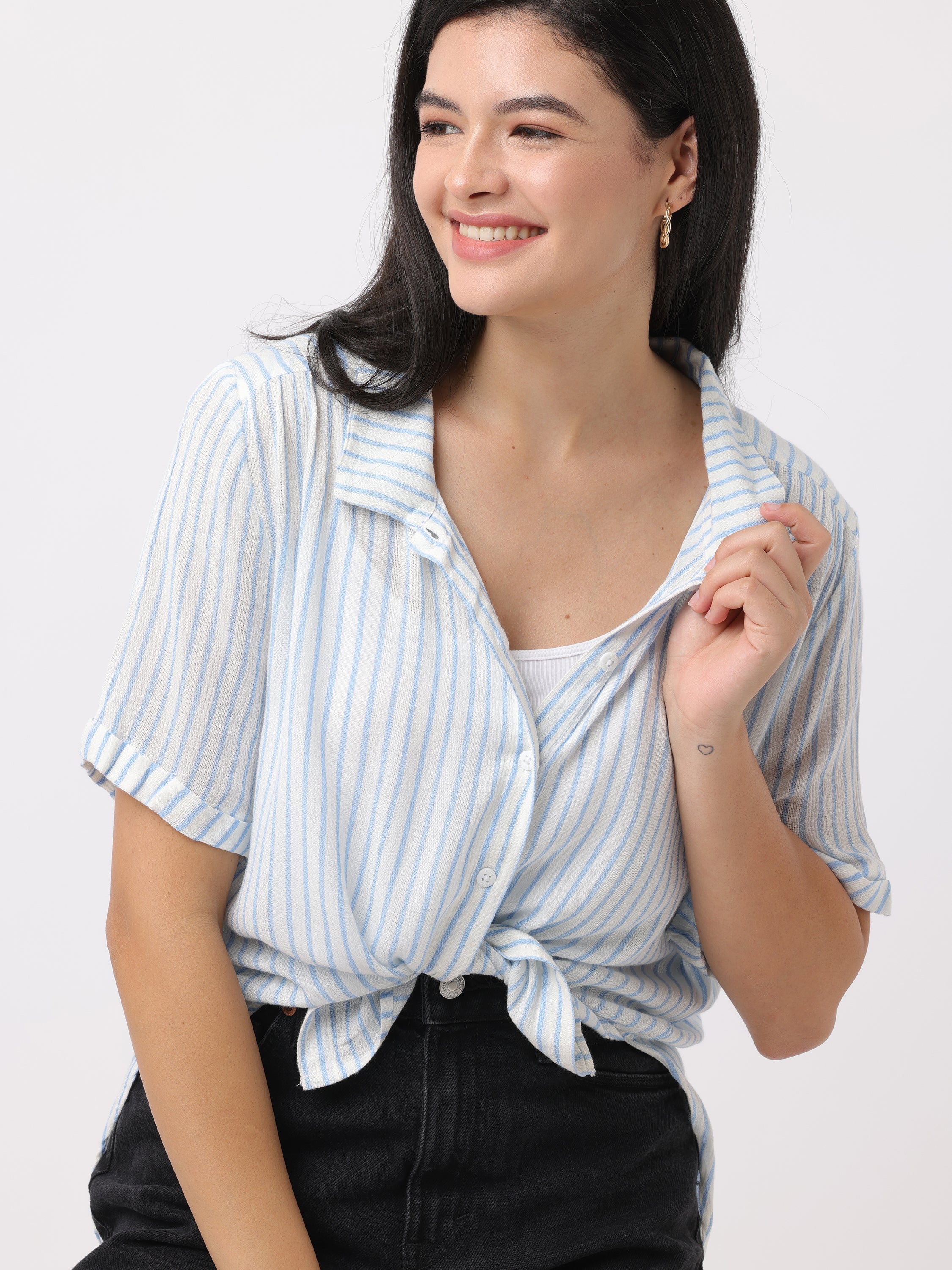 Women White Vertical Stripe Shirt - Image 2