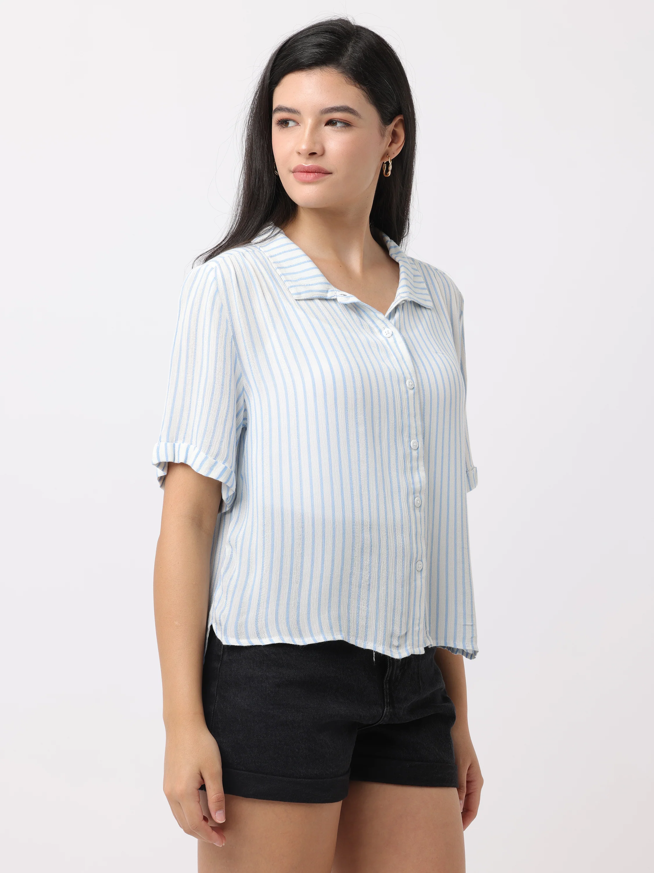 Women White Vertical Stripe Shirt - Image 6