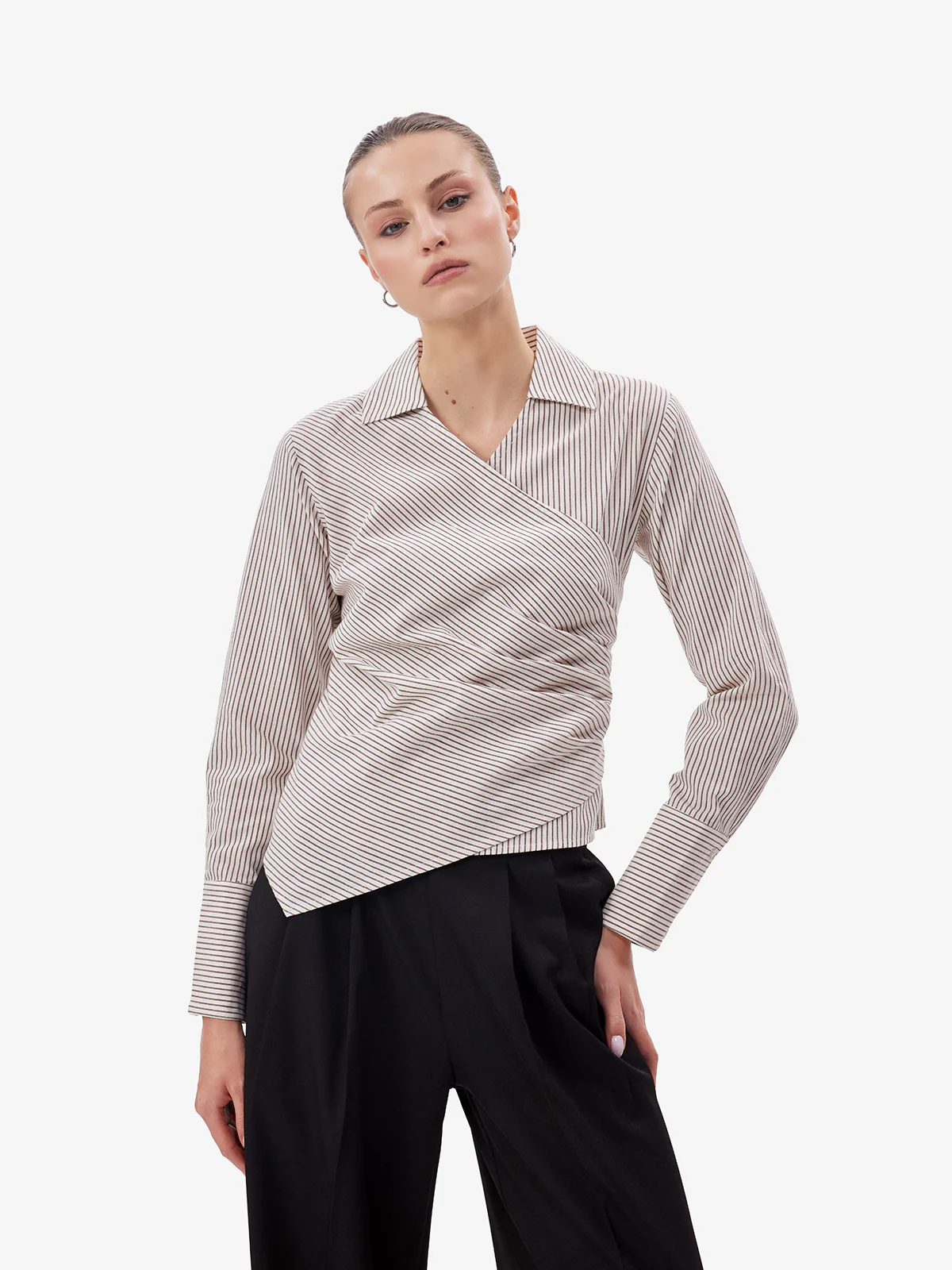 Women White Striped Overlap Shirt - Image 3