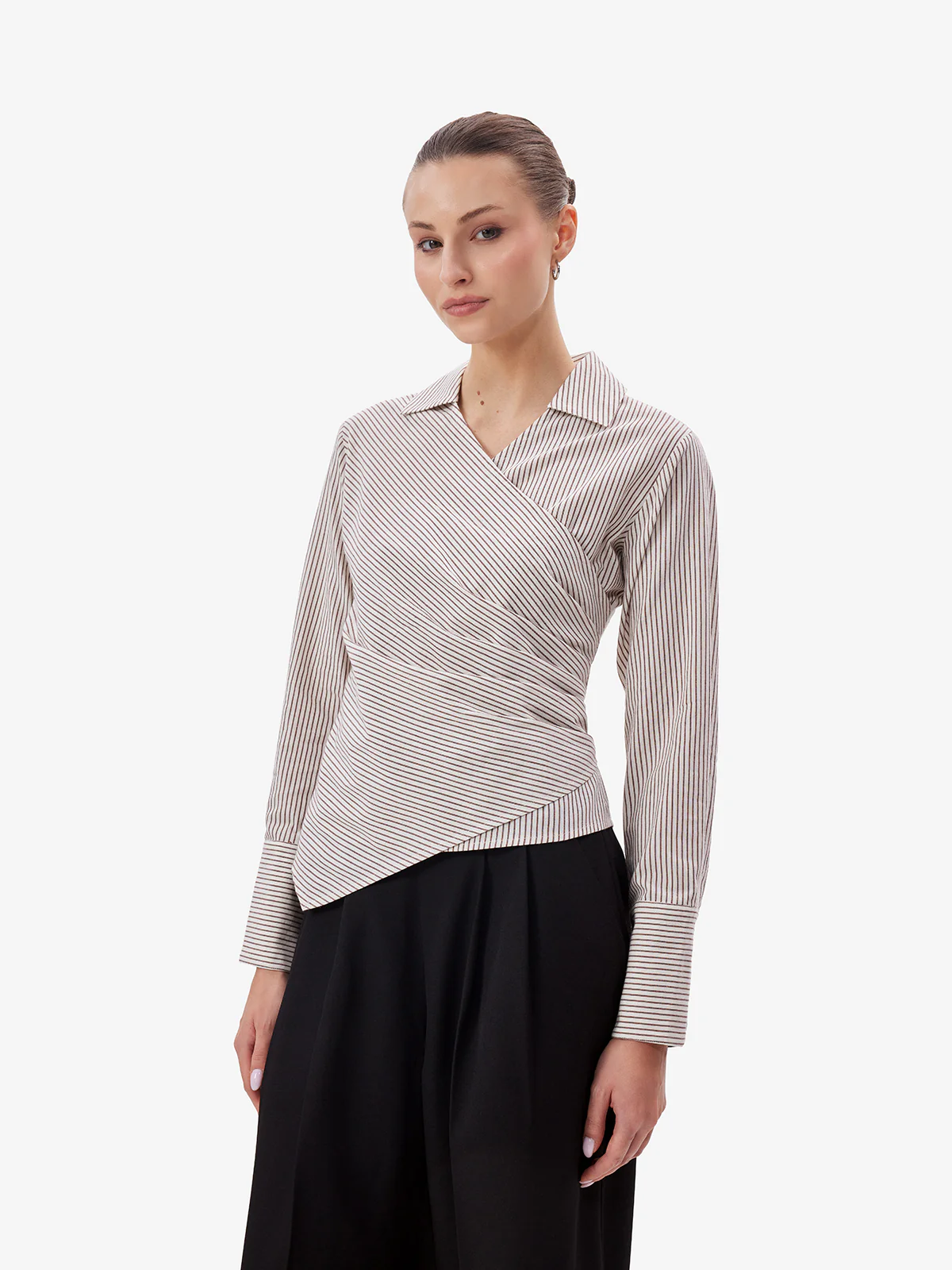 Women White Striped Overlap Shirt - Image 4