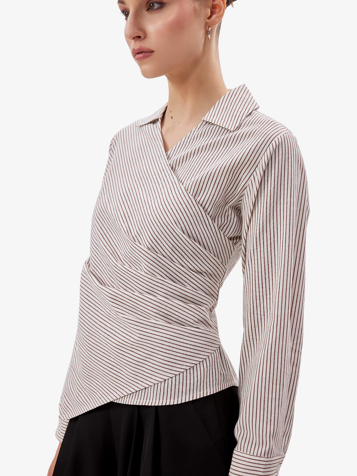 Women White Striped Overlap Shirt - Image 5