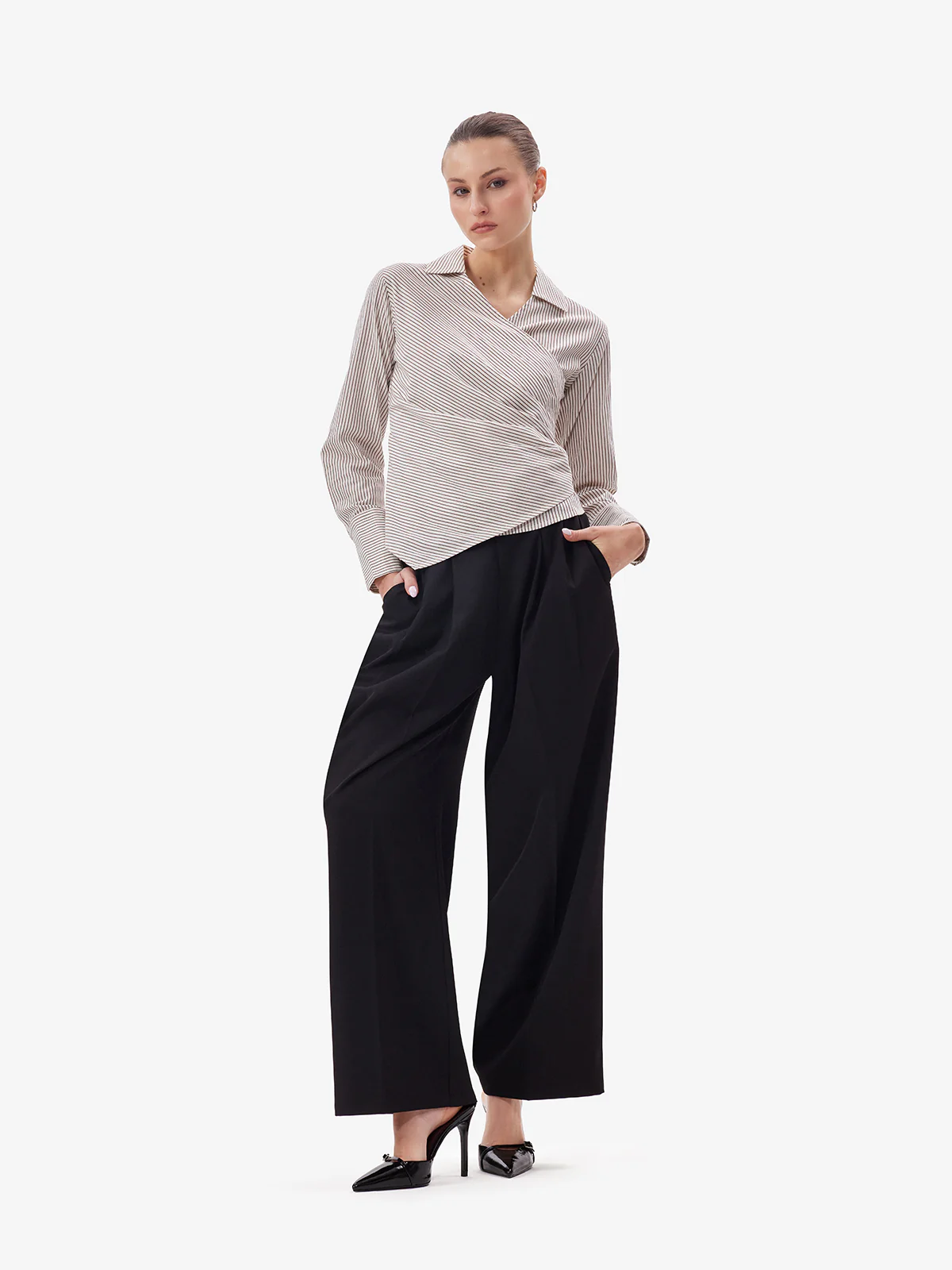 Women White Striped Overlap Shirt - Image 6